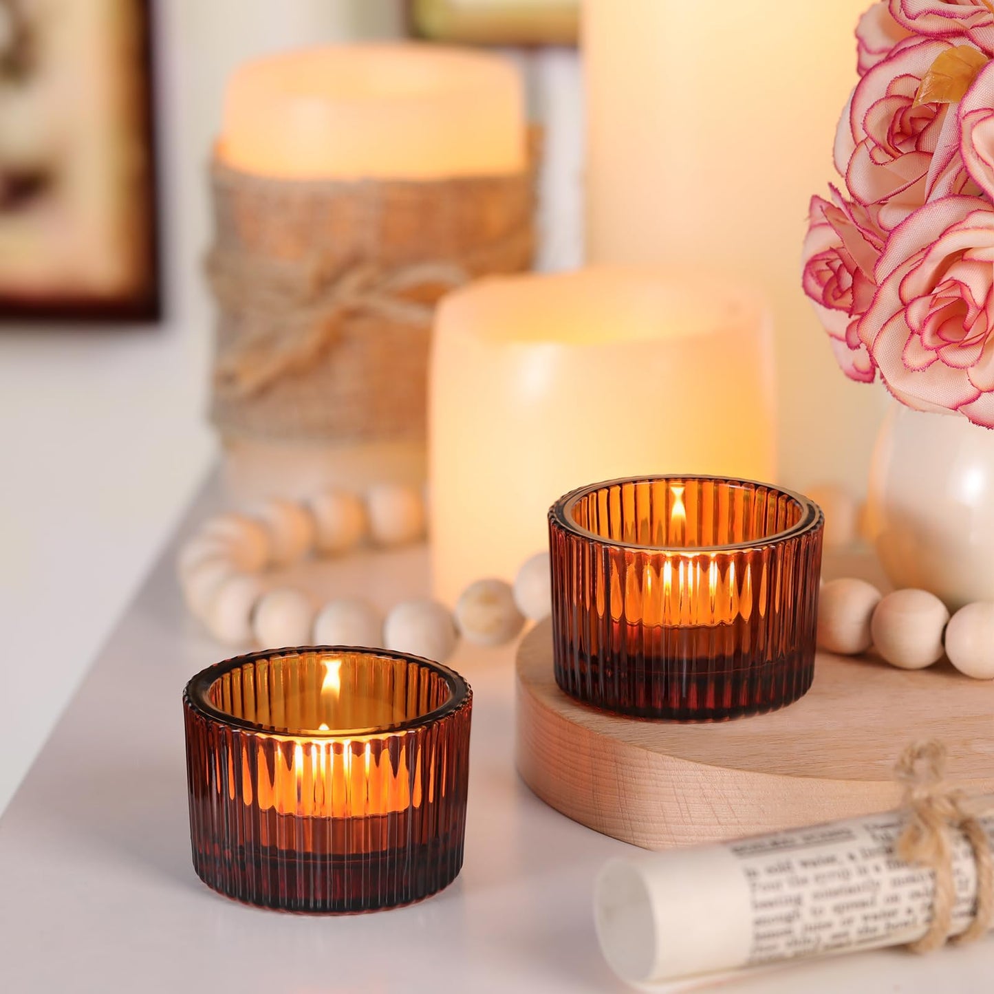 Lanttu Tealight Candle Holder Set of 12, Amber Small Votive Candle Holders for Table Centerpiece,Glass Tea Light Candles Holder for Party&Home,Wedding Decor