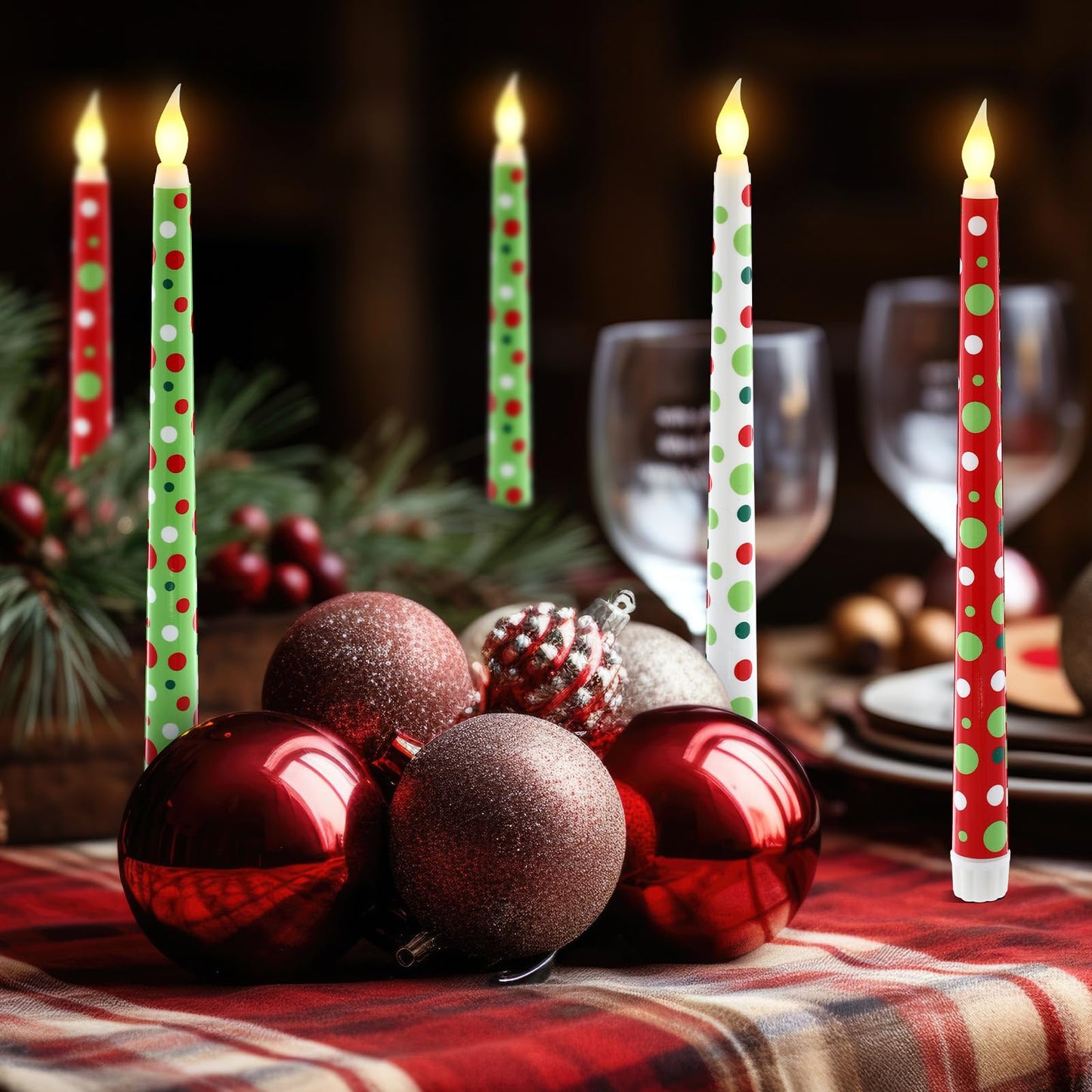 Kittmip 6 Pcs Christmas Flameless Taper Candles 11 Inch Long Polka Dots White Red Green Battery Operated LED Candles Elf Candlestick Table Centerpiece for Xmas Winter Holiday Party Decor