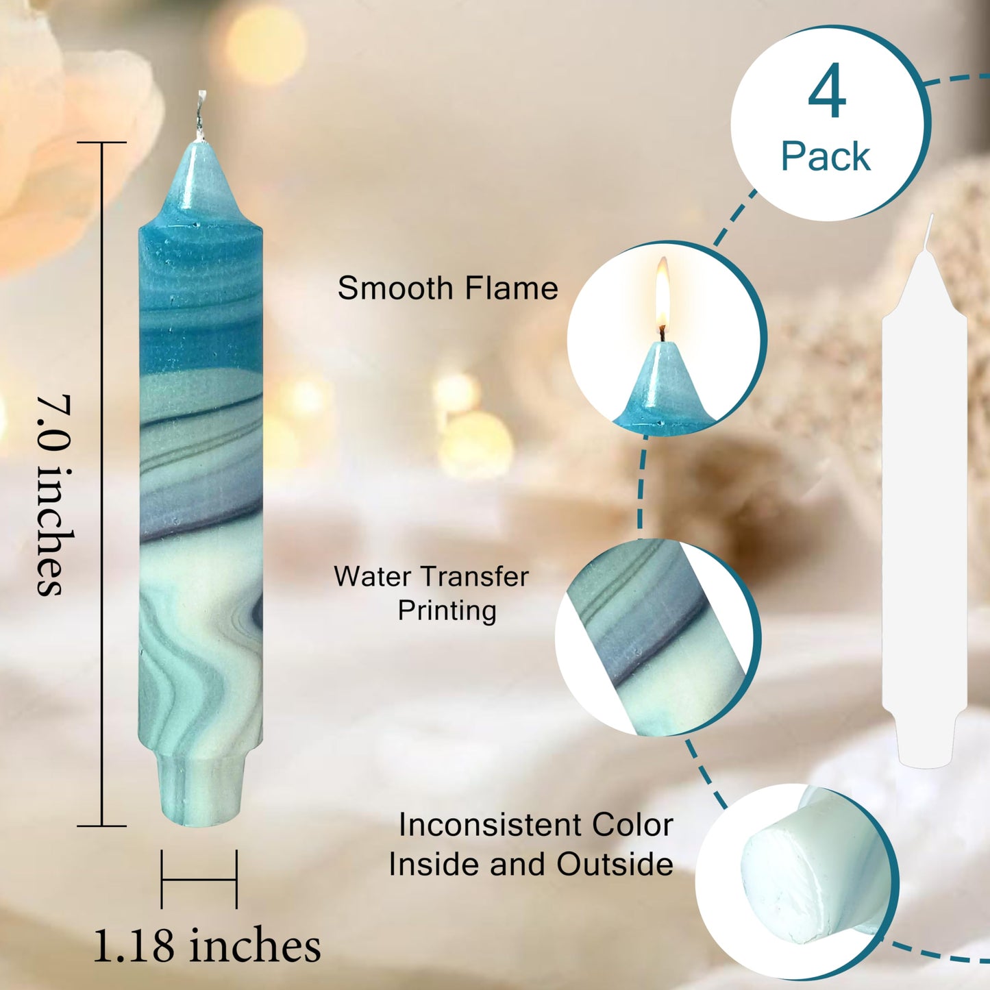 7 inch Short Candle Blue Quicksand Print Candle 4 Pack Handmade Unscented Taper Candles Printed Candlestick Smokeless Tapered Candles for Home Dinner Wedding Holiday