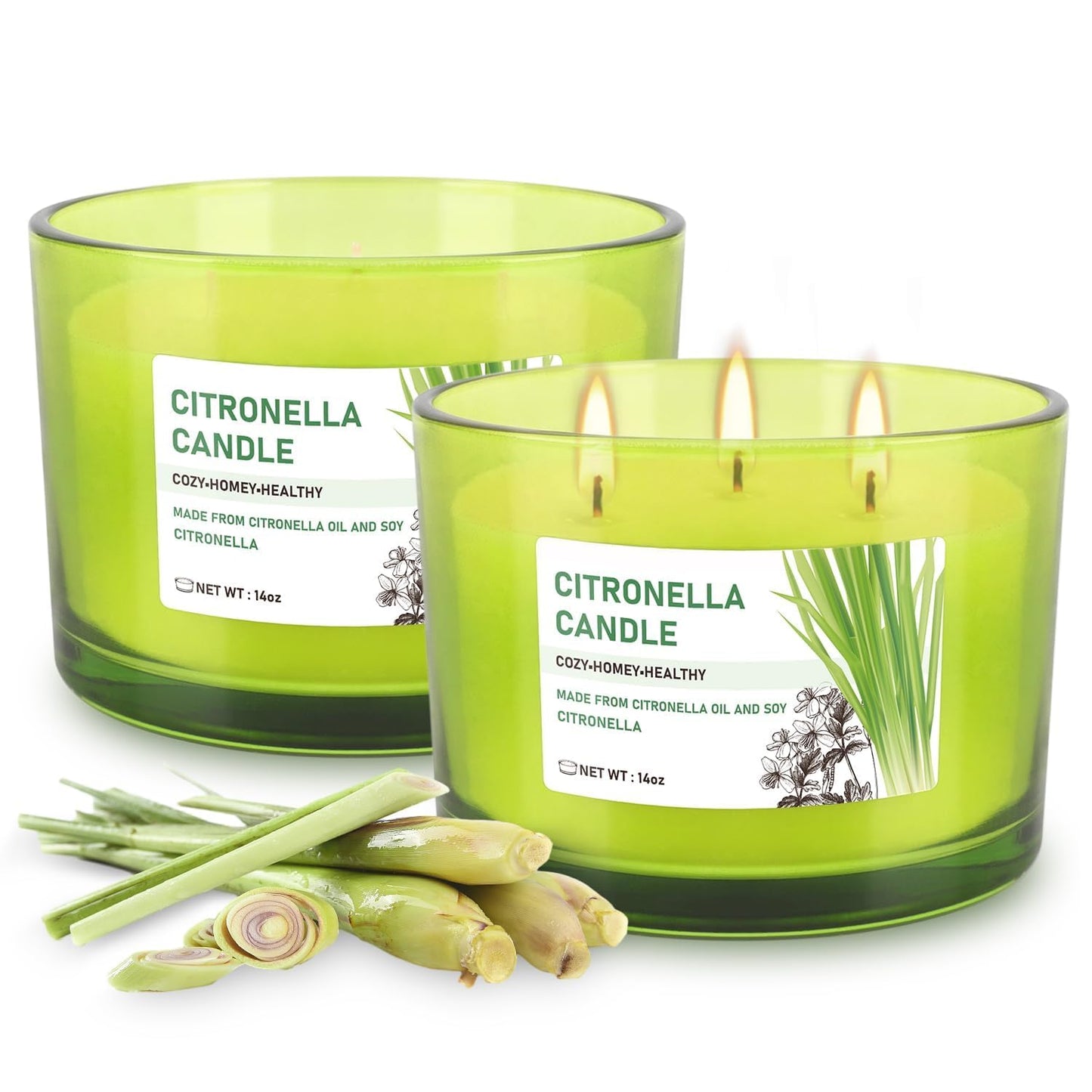 CAKETYCG Set of 2 Green Glass Jars Citronella Oil Candles 14oz Smokeless & Outdoor Candles Perfect for Courtyards, Backyards, Camping, Picnics, and Garden.