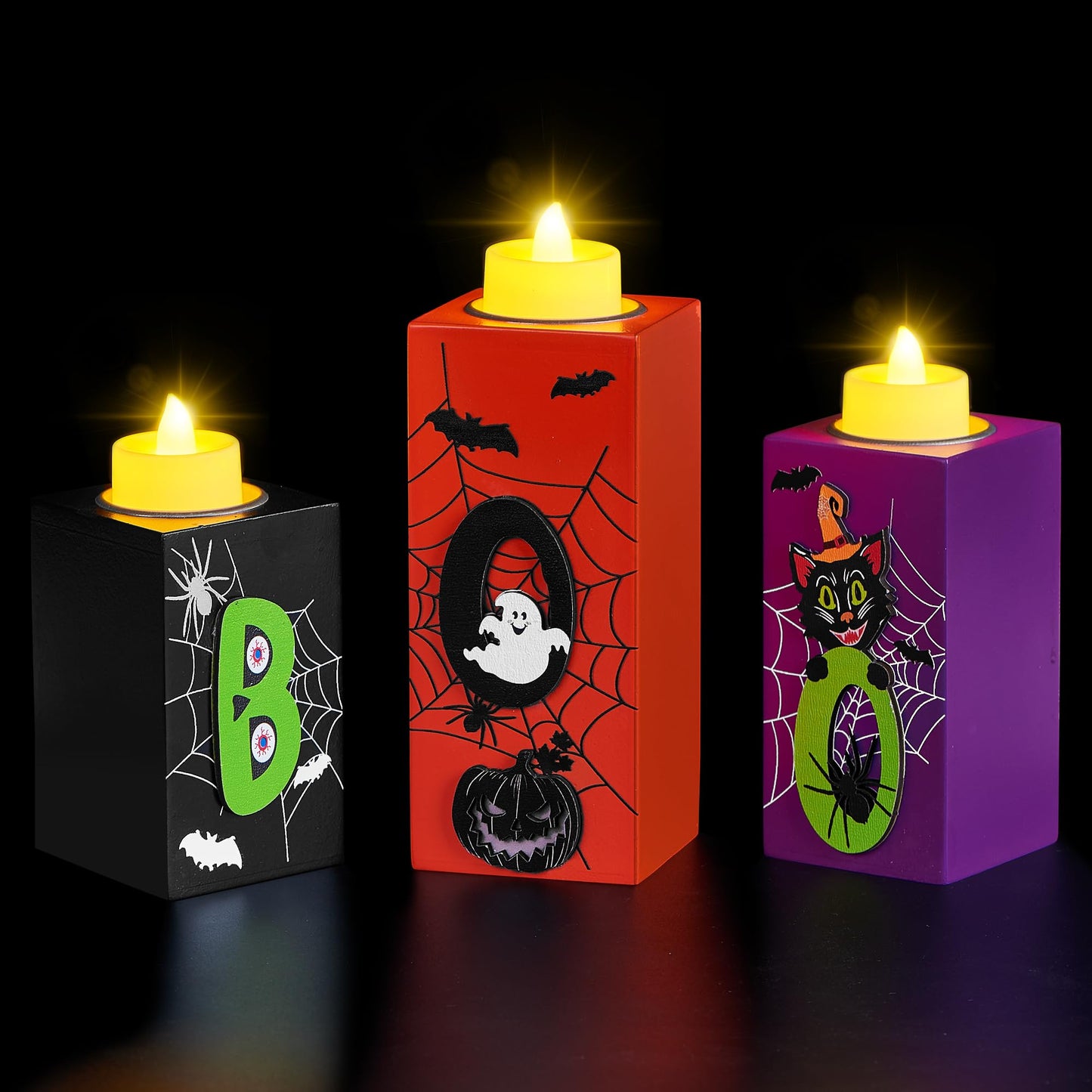 BlcTec Halloween Decorations, 3 PCS Halloween Wood Candle Holders with LED Tea Lights & 3D Carving Craft, Wood Candle Centerpieces for Home, Table, Office, Tiered Tray, Décor, Black Orange Purple