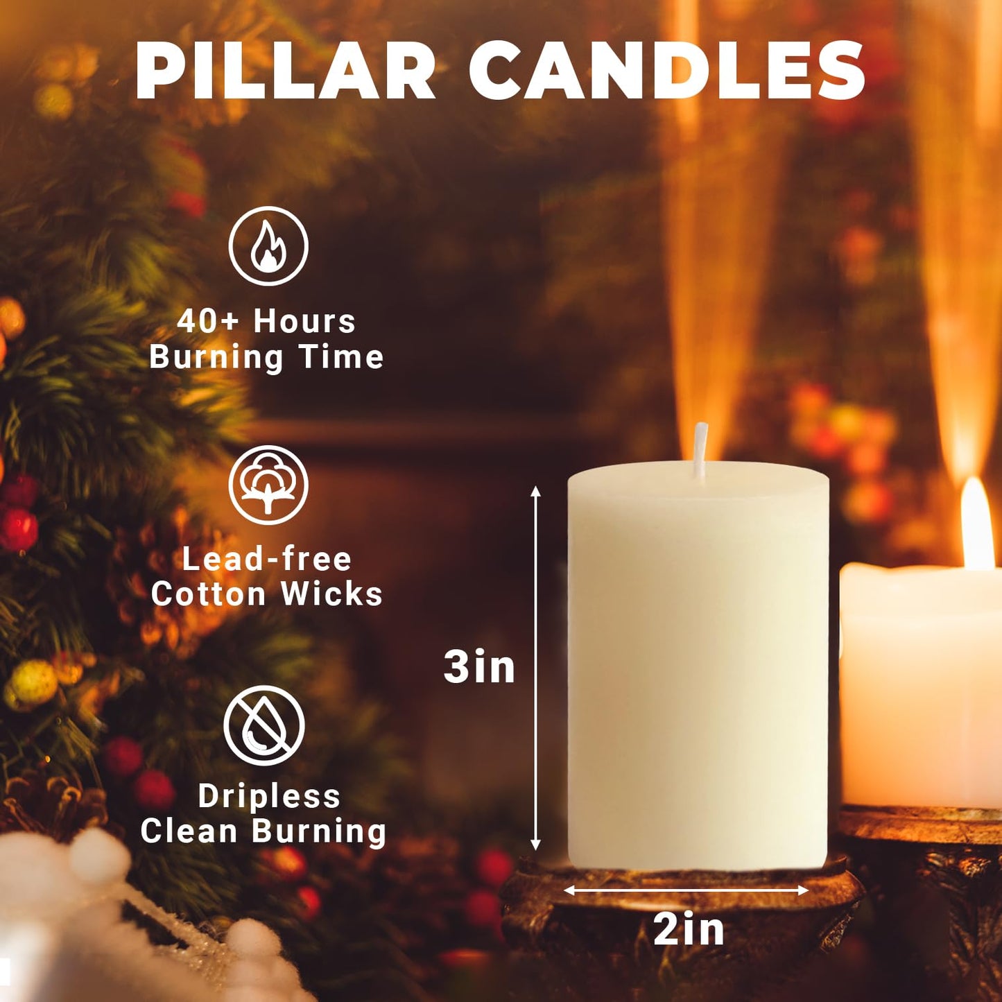 6 Pack 2x3 inch Pillar Candles, Ivory Unscented Votive Candle for Celebration Home Decoration, Dripless and Long Burning Time