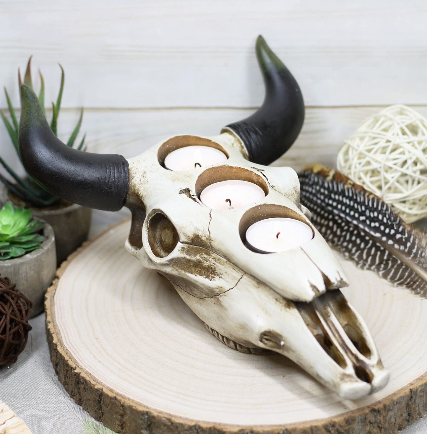 Ebros Western Native American Steer Bull Cow Skull Decorative 3 Tea Light Votive Candle Holders Decorative Desktop Figurine Rustic Bulls Cows Skulls Animal Themed Candleholders