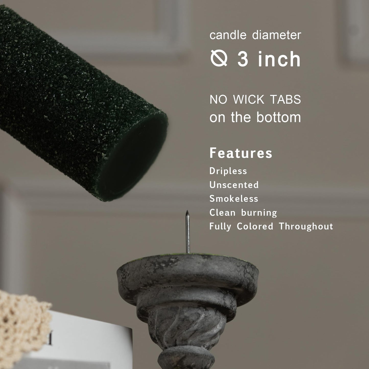 MOZEAL Hand-Poured Granular Texture Decorative Dark Green Pillar Candles Set of 3 (3"x4", 5", 6"), Approx 300 Hours Burn Time, Dripless, Unscented, Smokeless, for Christmas Winter Holidays Decor