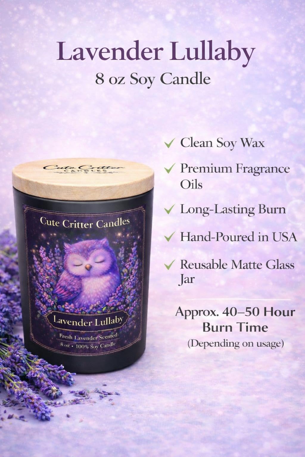 Cute Critter Candles Lavender Lullaby- 8 oz Soy Candle- Lavender Scented