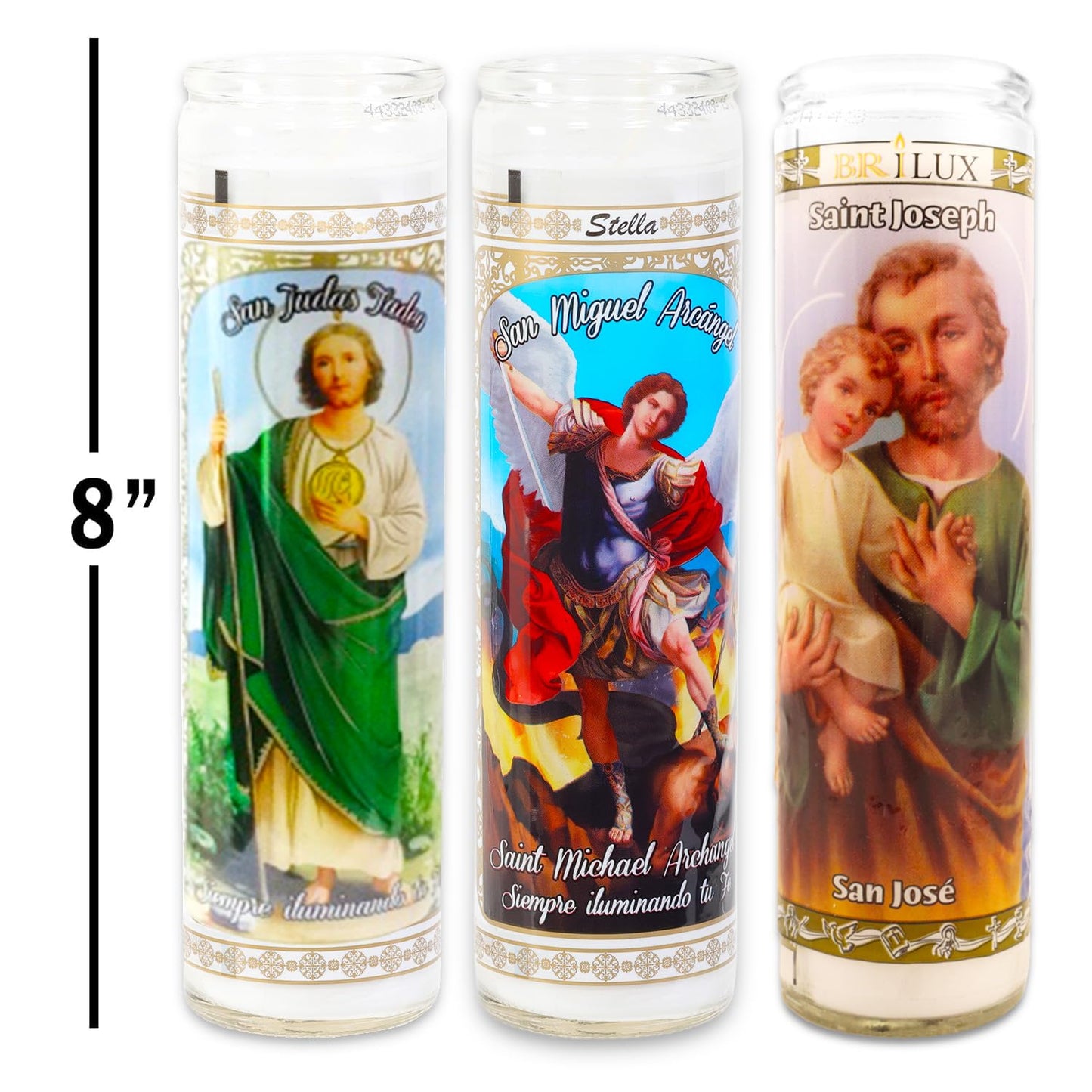 3 Pack Religious Set - Bundle 8" Saint Joseph, Saint Jude, and Michael The Archangel Candles for Vigils, Prayers, More | White Candles in Glass