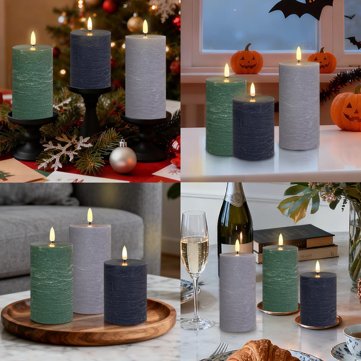 LEDHOLYT Rechargeable Flameless LED Pillar Candles–Luminous Real Wax Indoor Home Decor–Set of 3, Realistic Flickering LED Flame,Remote & Timer, USB-Rechargeable（Verdant & Ash Tones）