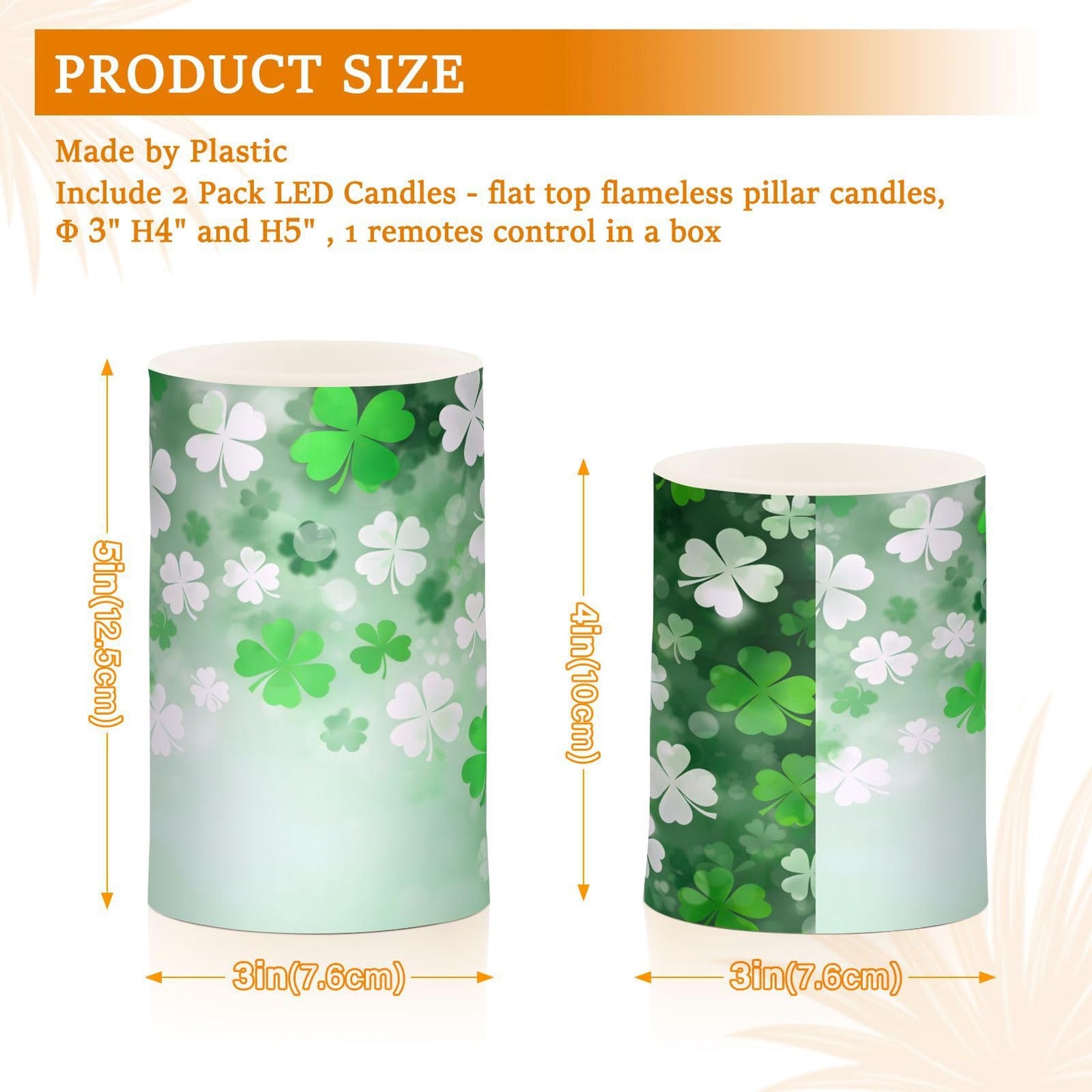St. Patrick's Day Lights Flameless Candles St Patrick Day White Leaves Pillar Candles Set of 2 Battery Operated Remote Control Warm Lights Home Decor