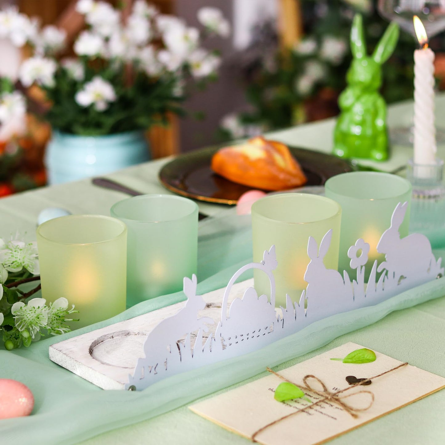 SYFURNIX Spring Votive Candle Holder Set, Includes 4 Glass Candle Holders & 1 Wooden Tray with Metal Bunny Decor for Table Centerpiece Decorations and Indoor Outdoor Home Decor