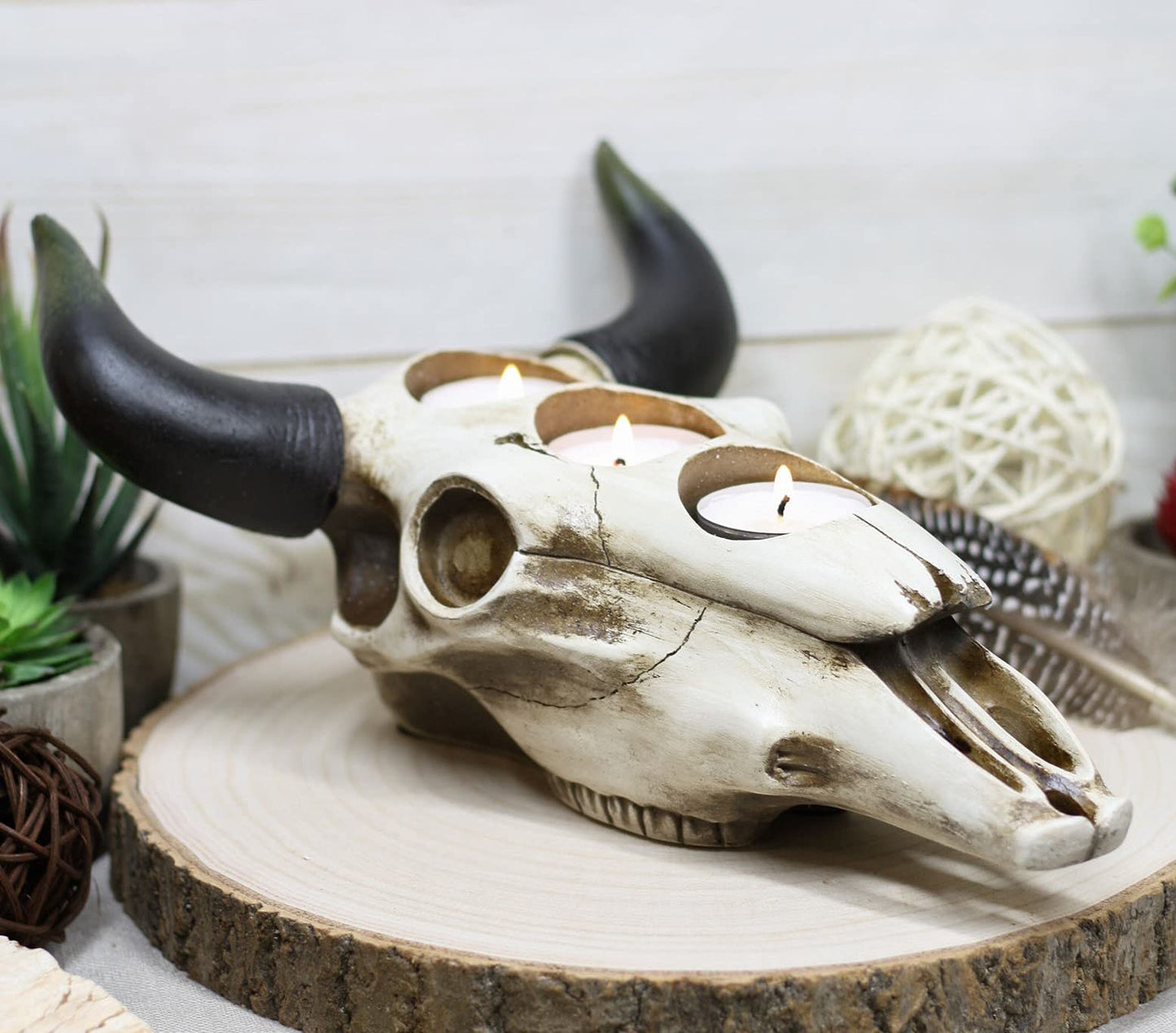 Ebros Western Native American Steer Bull Cow Skull Decorative 3 Tea Light Votive Candle Holders Decorative Desktop Figurine Rustic Bulls Cows Skulls Animal Themed Candleholders