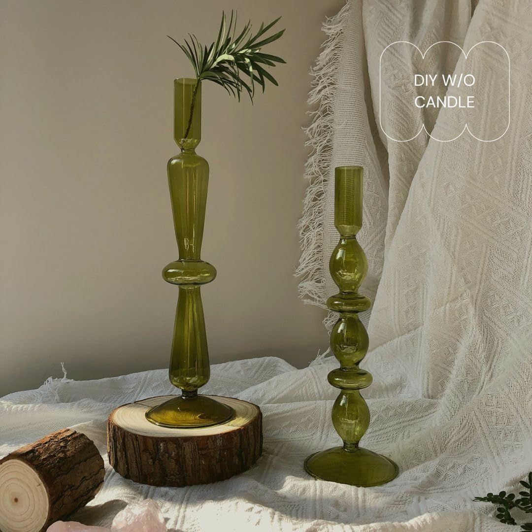Amanman Candle Stick Candle Holder, Glass Candle Holders for Table Centerpiece, Modern Style Green Candle Holder Mixed 4pcs