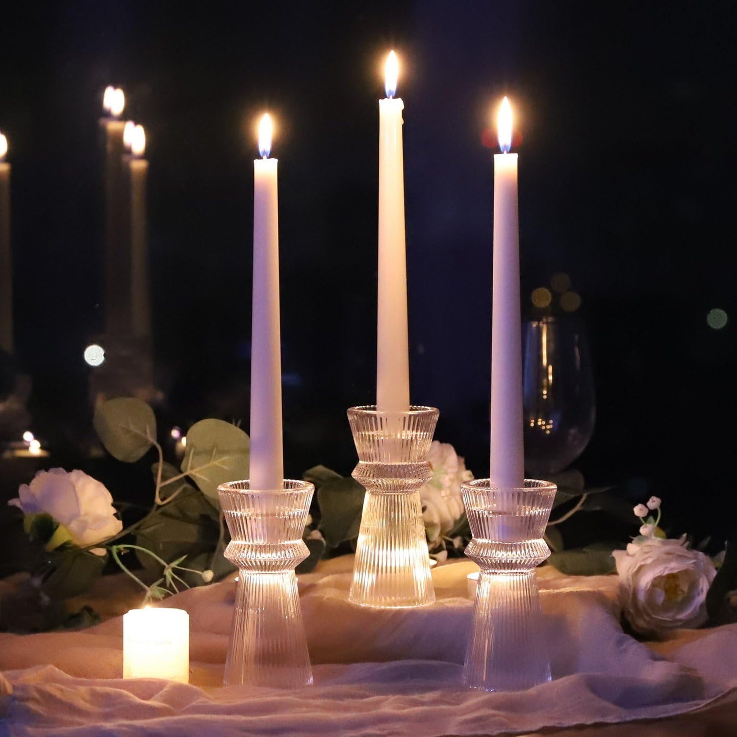 VOHO Clear Ribbed Taper Candle Holders Set of 3, Minimalist Style Glass Candle Holder for Candlesticks and Tealight Candles, Classy Candlestick Holders for Bridal Shower Wedding Decor/Birthday/Holiday