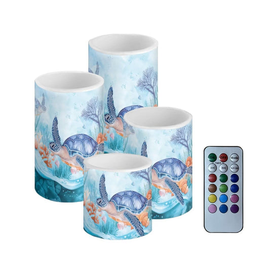 NETILGEN Blue Sea Turtle Print 4 Pieces Flameless Light LED Pillar Candles, Battery Operated with Color Changing Timer Remote Control Candles for Home Decor