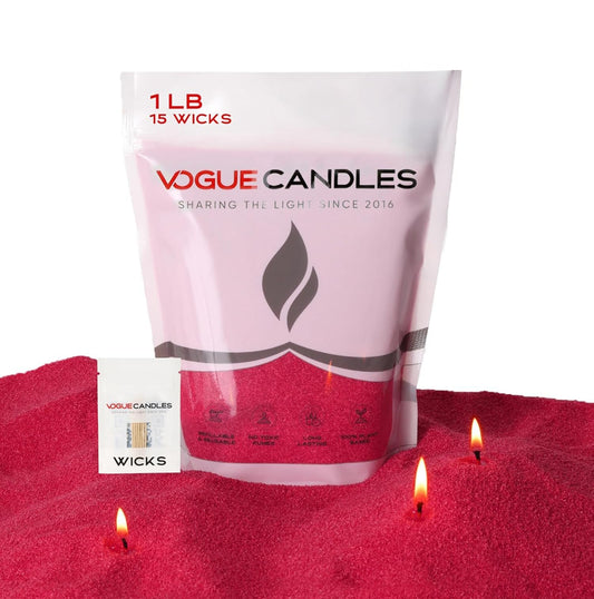 Vogue Candles Red Pearled Candle Sand Wax (1 LB) – Sand Candle Kit w/15 Cotton Wicks for DIY Home Lighting – Plant-Based & Reusable Wax Granules Refill for Custom Vessels, Décor and Father’s Day Gifts