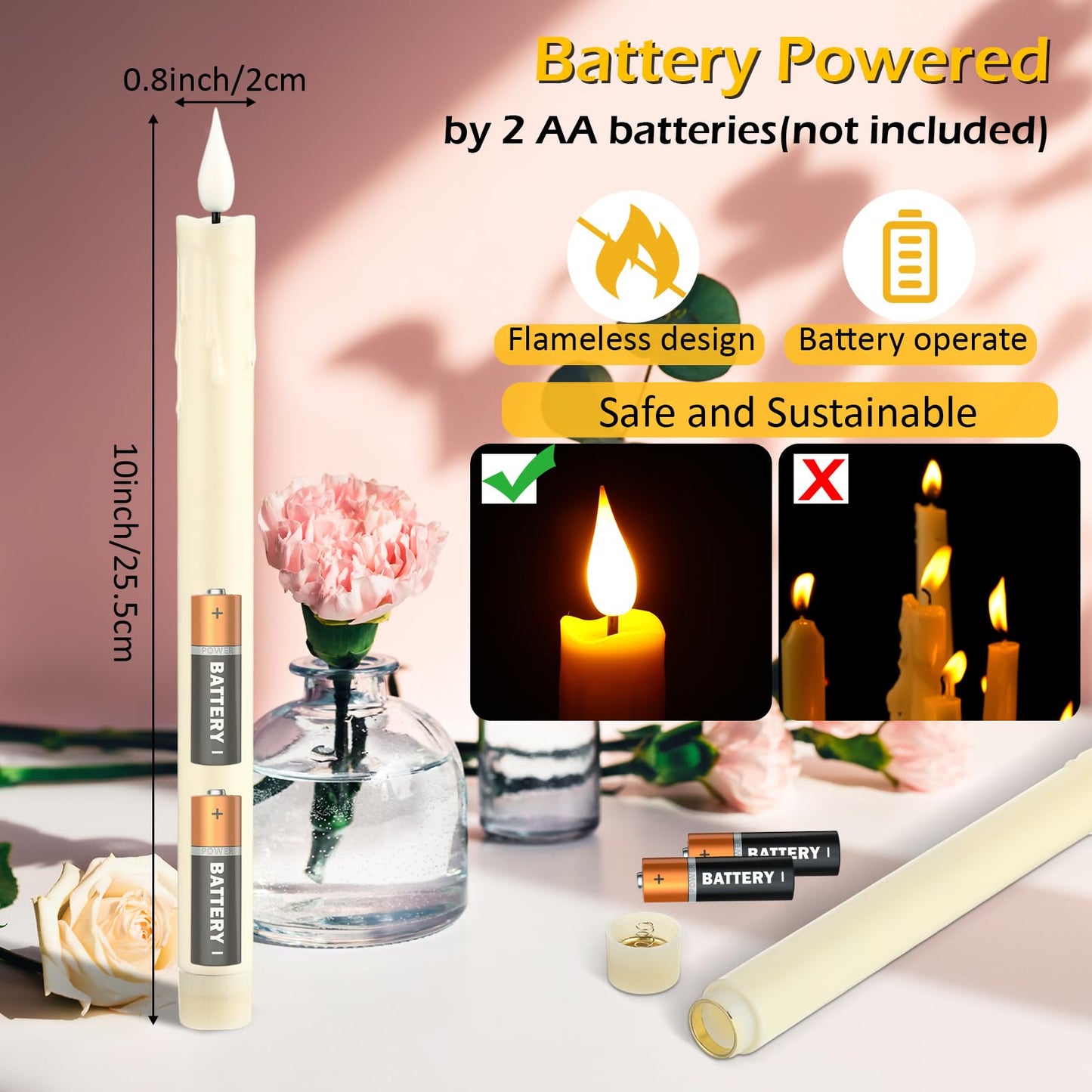 Baquler 48 Pcs 10 Inch Ivory Flameless Taper Candles LED Candle Sticks Battery Operated Flickering LED Candlestick Window Plastic Candle for Wedding Halloween Christmas Decor(No Battery)