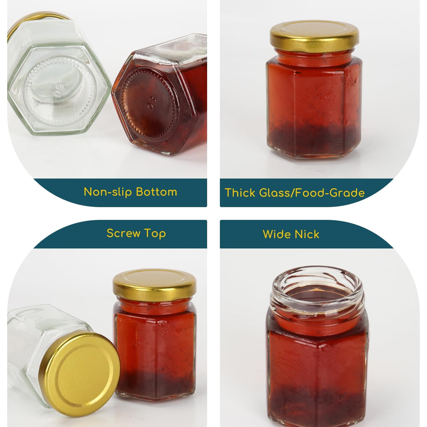 Keketin 3 oz Honey Jars,30 Pack Hexagonal Glass Jars with Gold Lids,90ml Small Canning Jar Mini Storage Glass Jars for Jams,Fruits,Spices,Nuts,Jellies,Baby Foods