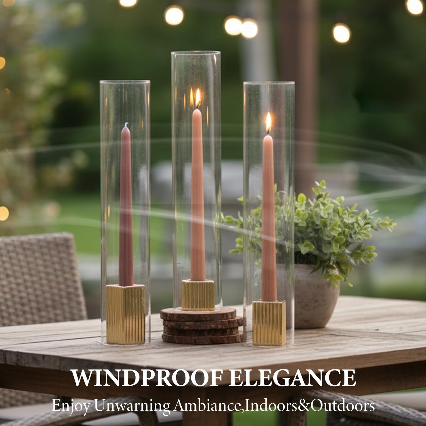 LETINE 14" Tall Hurricane Candle Holders with Gold Ribbed Taper Candle Holders Set of 3– Bulk Windproof Taper Candle Hurricane Glass for Outdoor&Indoors Wedding Centerpiece, Event & Home Decor