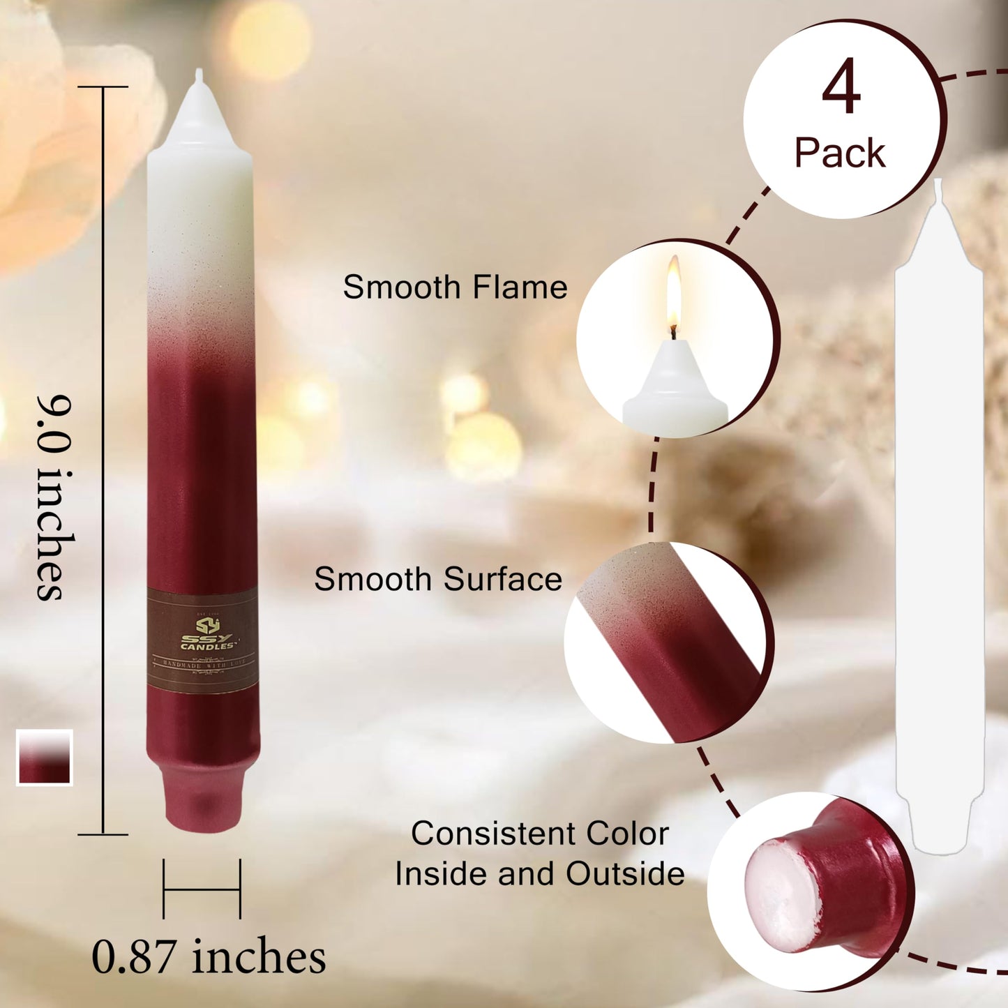 Christmas Metallic Red Candle 9 Inch Tall Smokeless Taper Candles 4 Pack Unscented Dinner Candle for Christmas Dinner