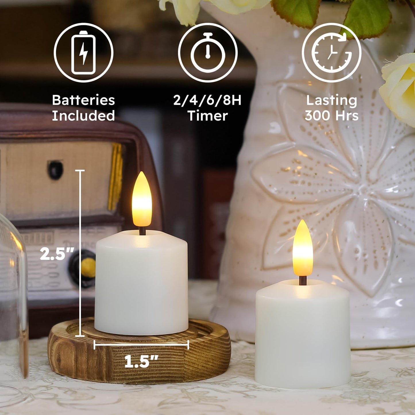 Mavandes Small Flickering Tea Light Flameless Candles with Battery and Remote,1.5" x2.5" Ivory LED 2/4/6/8H Timer Votive Battery Operated Pillar Plastic Long Lasting 6pcs Tealight Candles