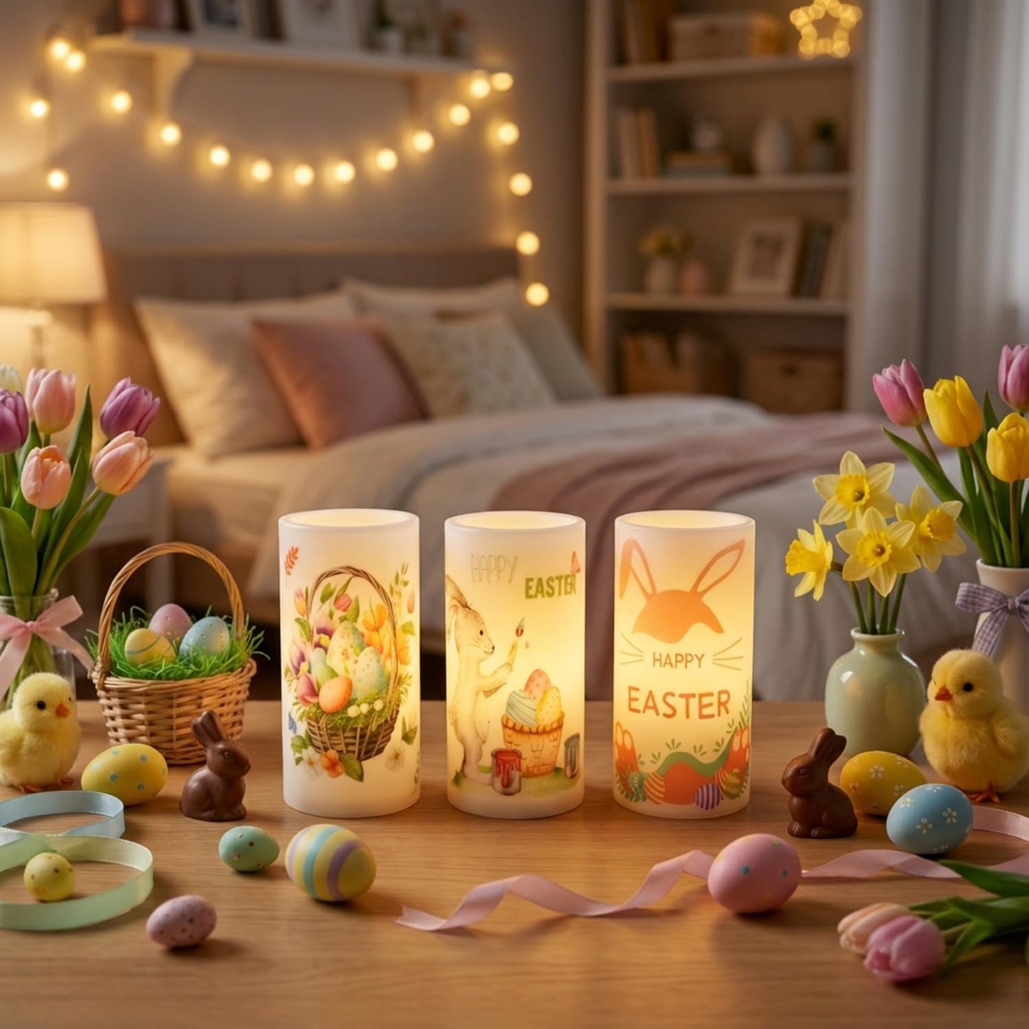 Aulaygo 3PCS Easter Flameless Candles with Remote Control,Happy Easter Bunny Flower Rabbit Spring LED Candle Battery Operated for Easter Theme Party Home Decor,Mother's Day Decor