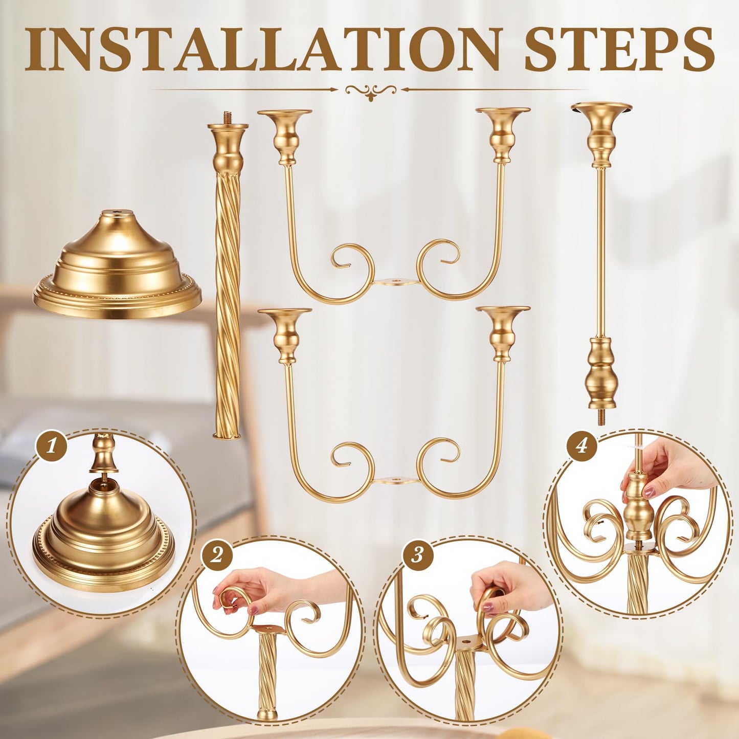 Rtteri 6 Pcs Gold Candelabra Candlestick Holder Metal Candle Stand Candelabra for Taper Candles Table Centerpieces Wedding Christmas Holiday Birthday Party (12.2 x 12.2 x 26.4 Inch,5 Arm)