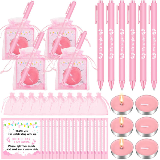 Ctosree 50 Sets Baby Shower Favors for Guests Include 50 Pcs Tea Light Candle Bulk Thank Tag and Chiffon Bag with Drawstring Retractable Ballpoint Pen for Gender Reveal Party Supplies(Girl,Pink)