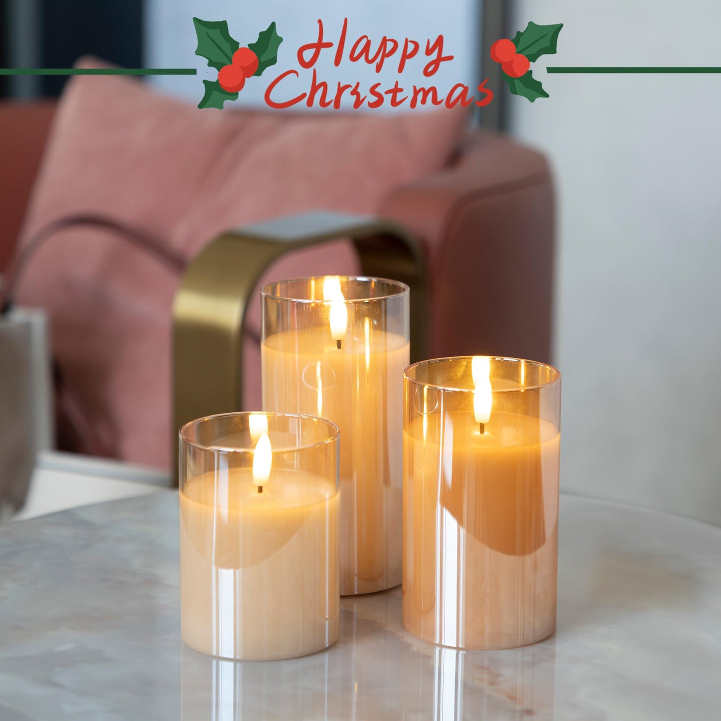 LUSHARBOR LUSHABOR Flameless Candles with Remote, 3 Pack Glass Battery Operated Candles with Timer, Real Wax Glass LED Candles Flickering Wedding Home Party Christmas D3 H4 5" 6" Gold