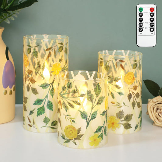 Crystal Club Yellow Floral Flameless Candles with Remote & Timer, 3D Wick Flickering Pillar LED Flameless Candles, Battery Operated for Home Wedding Party Festival Decor, Set of 3