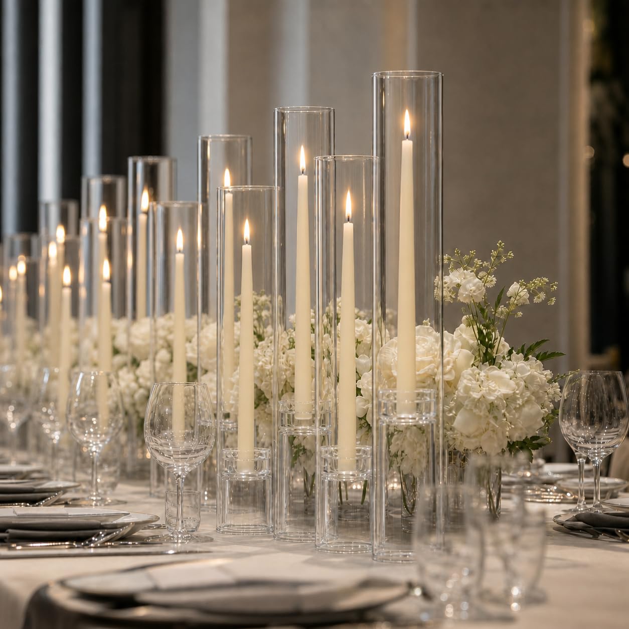 Yummi Set of 12 Taper Candles, Chimney and Taper Holders - Ivory