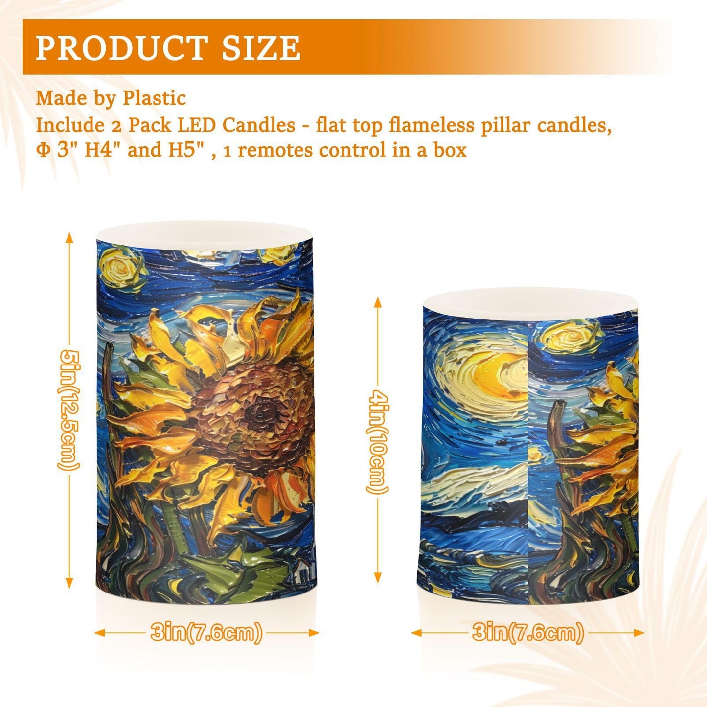ALAZA Oil Painting Starry Night Sunflower Flickering Flameless Candles Pillar Led Candles Battery Operated Candles with Remote and Timers Set of 2