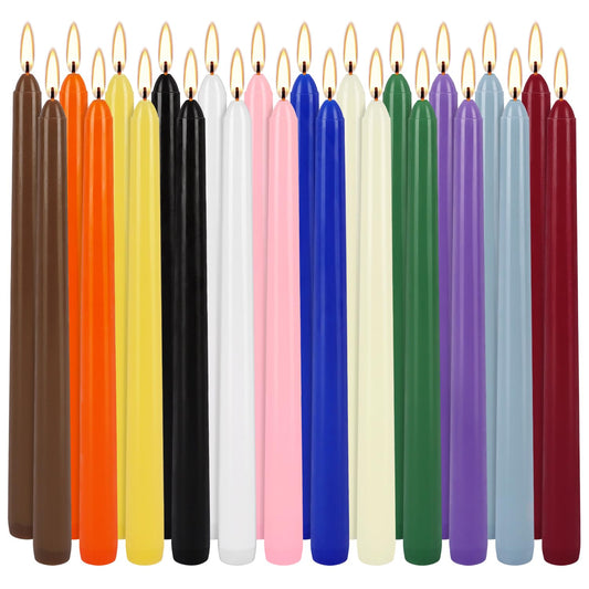 24 Pack 10" Tall Colored Taper Candles, Dripless Unscented Colorful Candlesticks for Birthdays Dinner Party Home Décor, Long Burning Spell Chime Candles for Meditation.