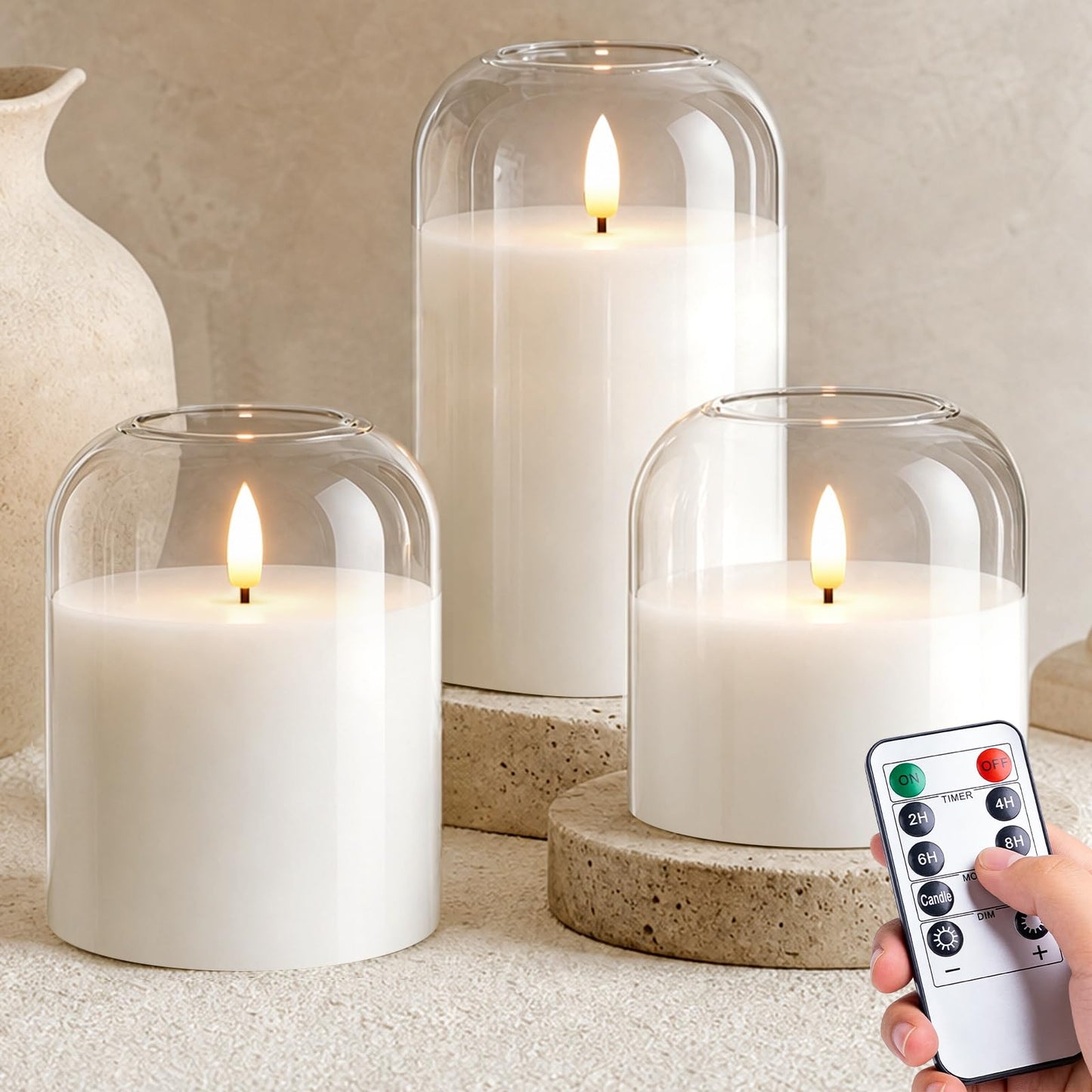 Flameless LED Pillar Candles with Remote and Timer, 3-Pack Clear Glass Battery Operated Candles, Classic Elegant Home Decor, Realistic Flickering 3D Wick for Wedding, Christmas Mantel, Shelf, White