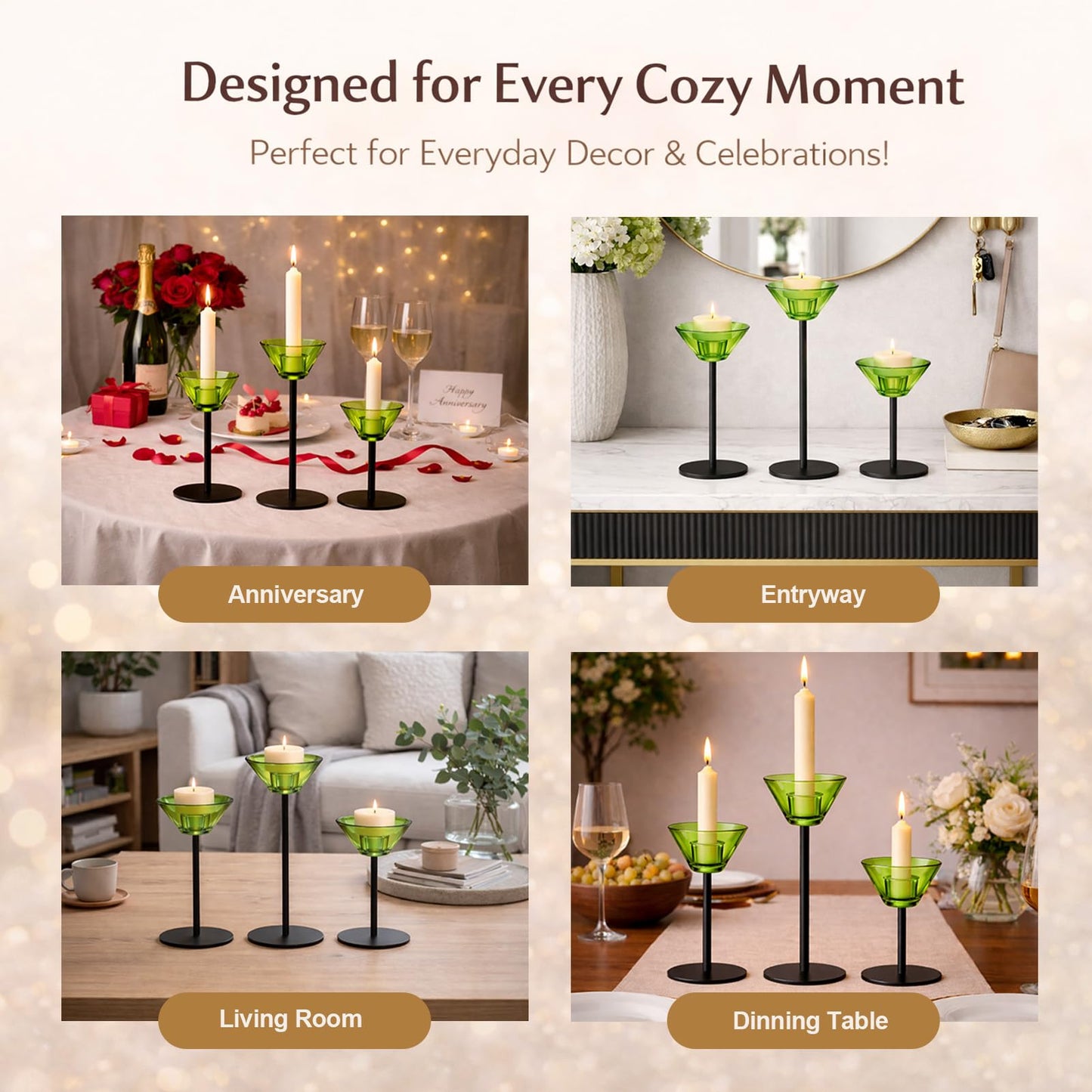 Smytle Emerald‑Green Glass Candlestick Holders, Green Tea Light Candle Holders with Weighted Matte‑Black Metal Base, Botanical Table Decor for Dining, Wedding & Holiday