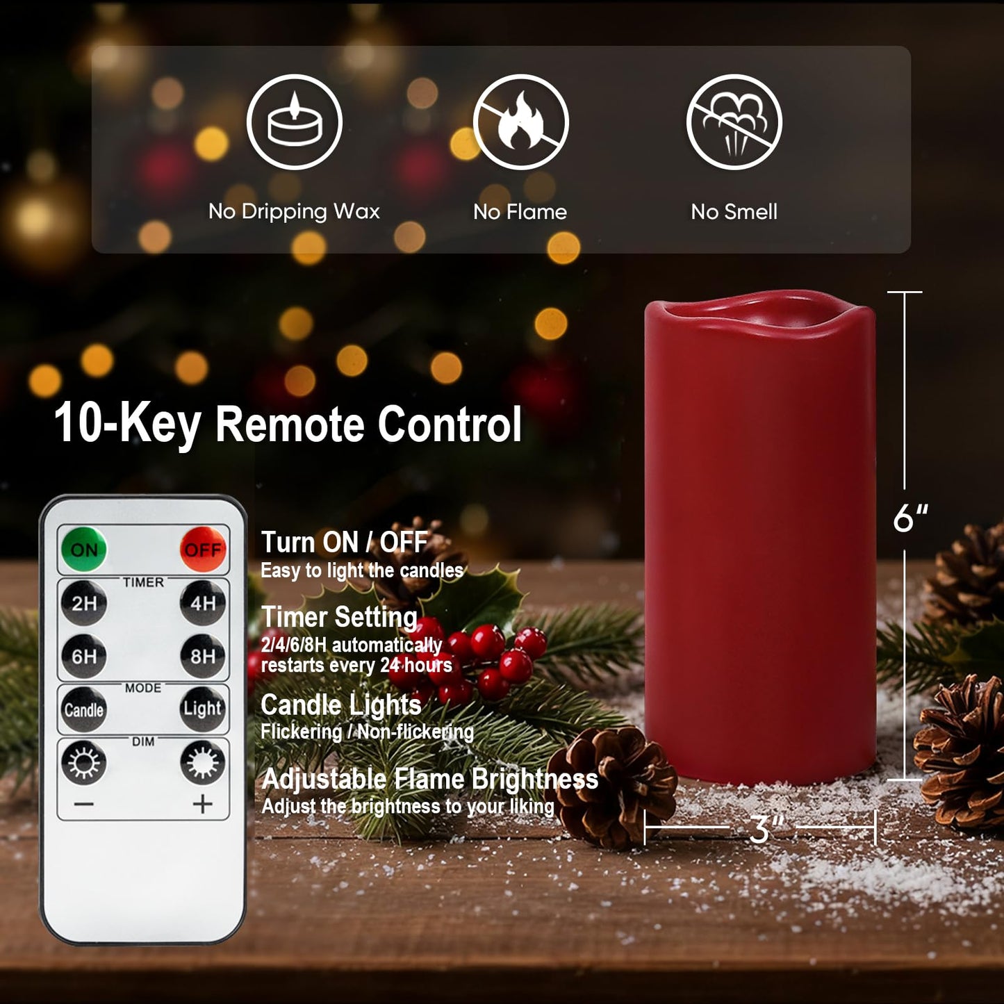 Amagic 3"x6" Red Flameless Candles with Remote, Christmas Candles Battery Operated with Timer, Waterproof LED Pillar Candles for Thanksgiving Table, Home, Outdoor Decor, Plastic, Set of 6
