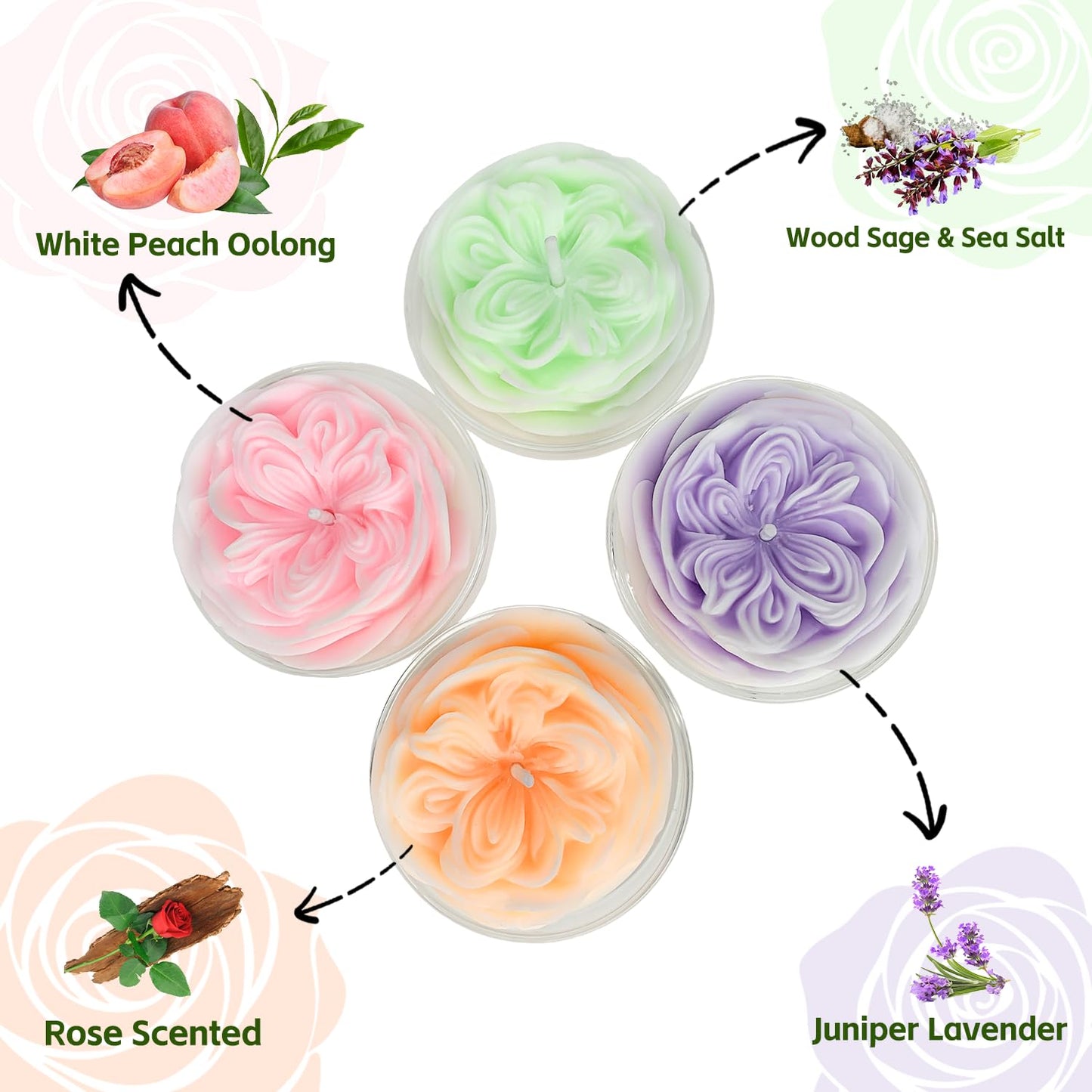 Flower Shaped Candles Gift for Women, 4 Rose Candles in Glass Tray, 8-Hour Burn Time, Include Pink, Purple,Orange,Green Rose Candle in Single Gifted Box by Kissingfish