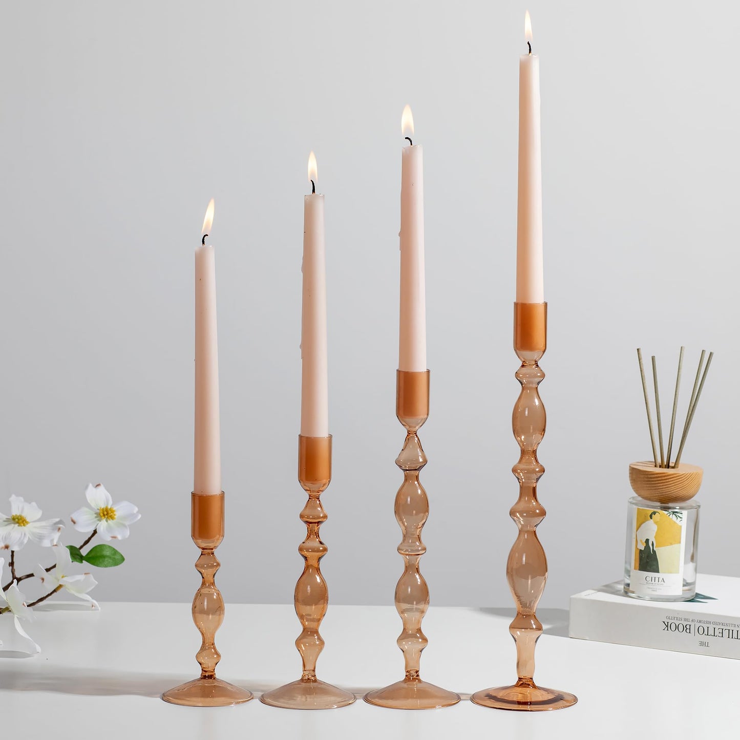 Glass Candle Stick Candle Holder : Glasseam Amber Taper Candle Holder Set of 4 Modern Candle Sticks Holder Decor Tall Decorative Candle Holders for Table Fall Centerpiece Dining Thanksgiving Halloween