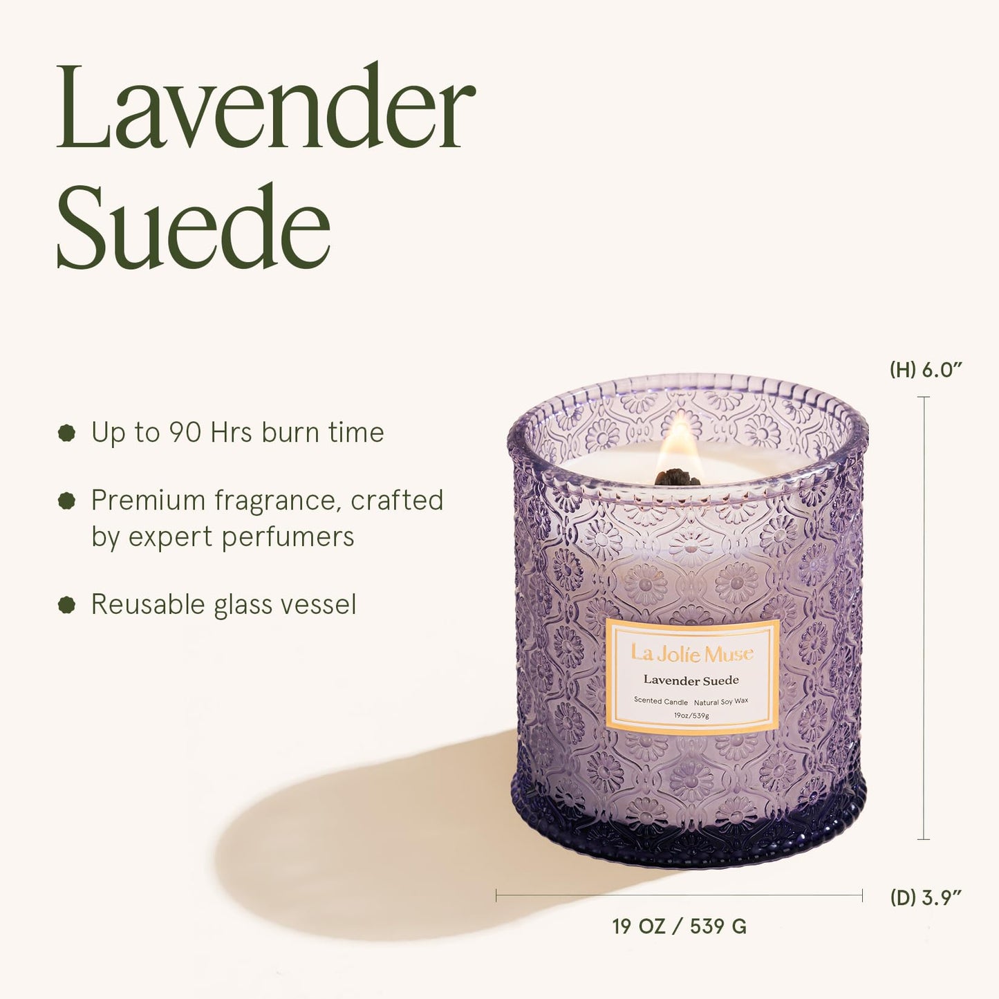 LA JOLIE MUSE Lavender Suede Scented Candle for Home |19 oz Non Toxic Soy Wax | Large Purple Jar Candle | Aromatherapy Candles | Luxury Gifts for Women & Men