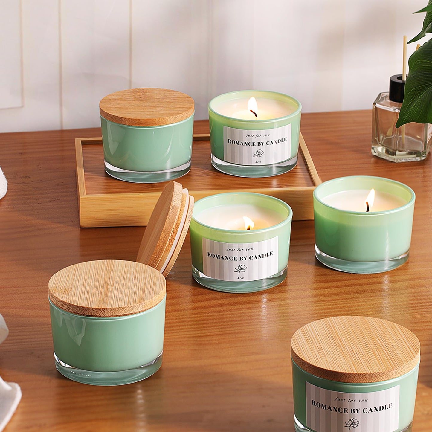 REISEN 12 PCS Green Candle Jars for Making Candles, 4 OZ Glass Jars with Bamboo Lids and Sticky Warning Labels, Candle Containers for DIY Gifts, Candle Making Supplies