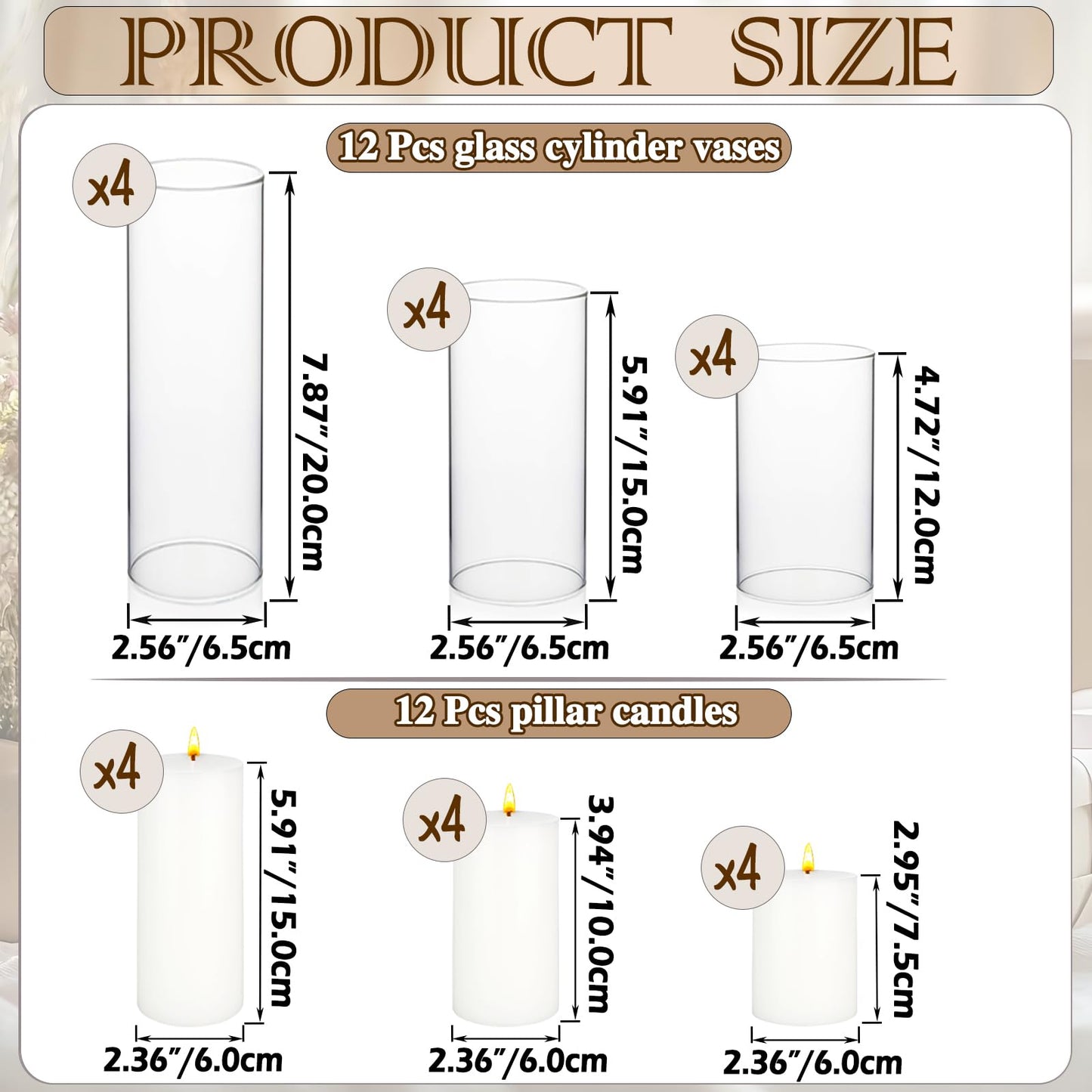 ZJGXH 24 Pcs White Pillar Candles and Glass Cylinder Vases Clear Glass Pillar Candle Holders Hurricane Glass Candle Holders for Table Centerpieces Wedding, Party, Event, Home Office