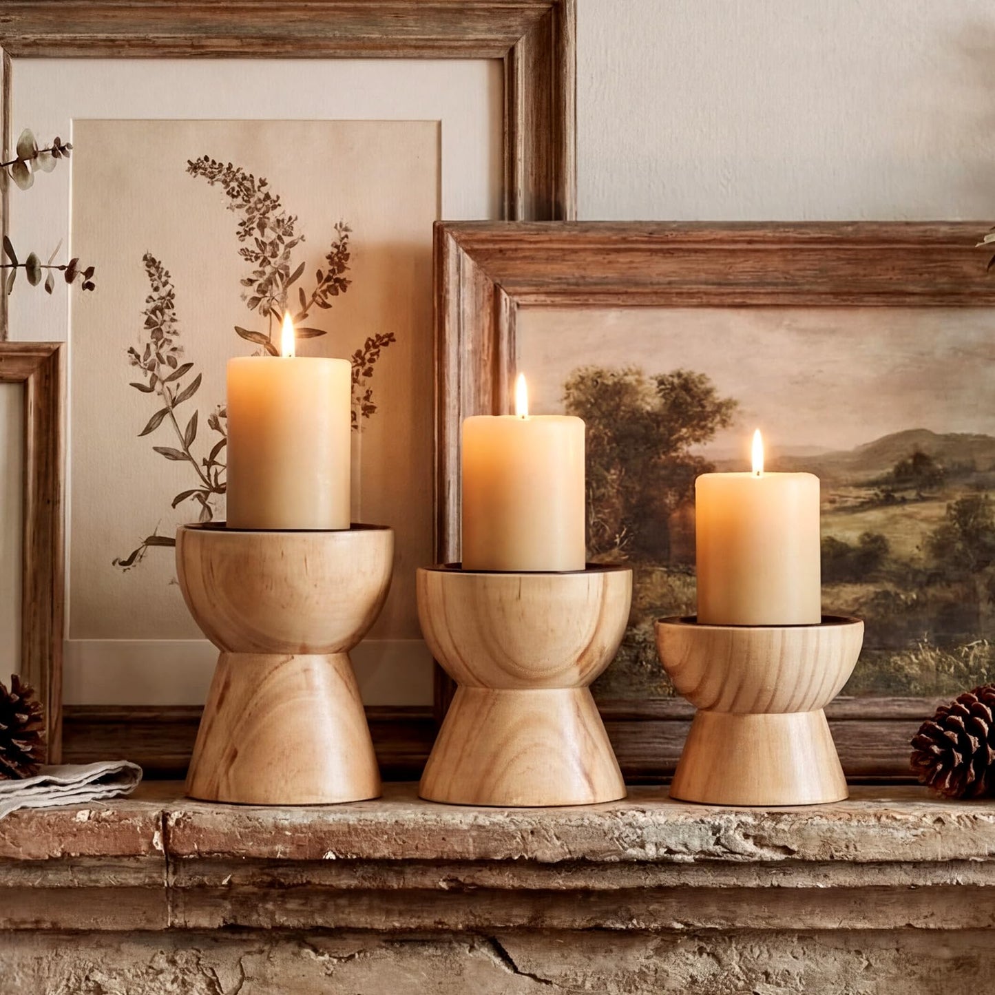 Mifoci Farmhouse Wooden Candle Pillar Holders Set of 3, Rusitc Brown Candle Holders for LED Flameless Pillar Candles Solid Wood Candlesticks Pedestal for Fireplace Mantle Table Centerpiece Decor
