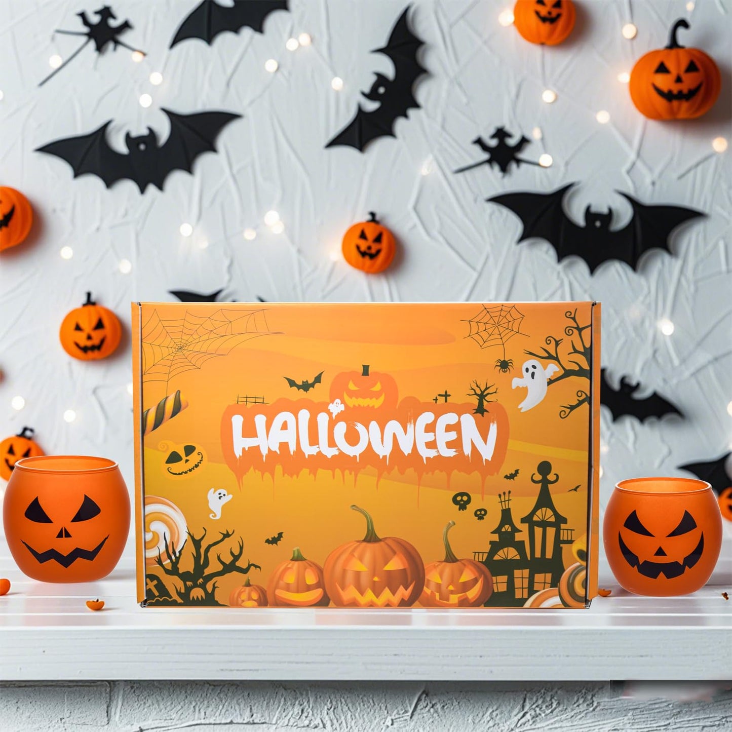 Galssmagic Halloween Table Decor Candle Holder Set of 6,Orange Pumpink Grimace Glass Votive Candle Holders Indoor Outdoor Halloween Decor