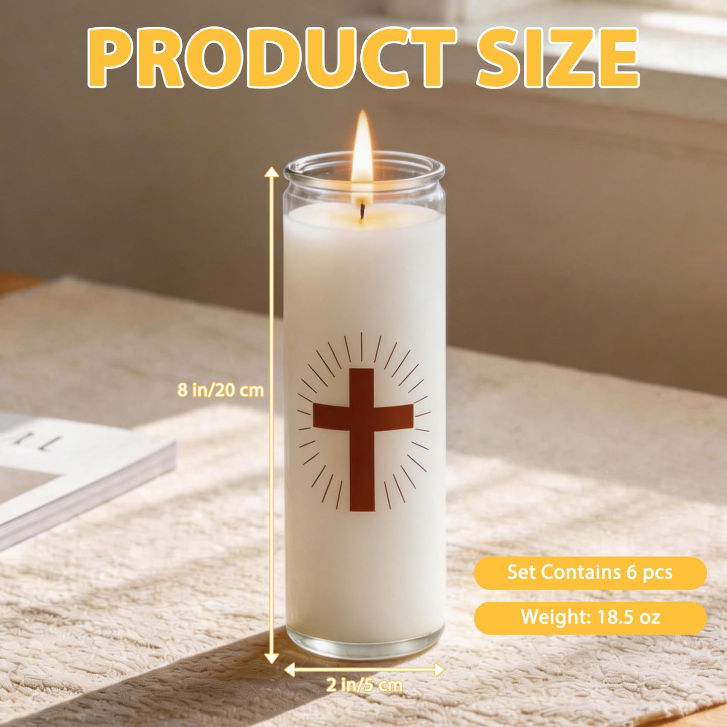 Trxvxo 6 Pack White Prayer Candles, Devotional Candles in Safe Blown Glass Jars with Cross, Long‑Burning Smokeless Catholic Candles for Vigil, Church & Memorials