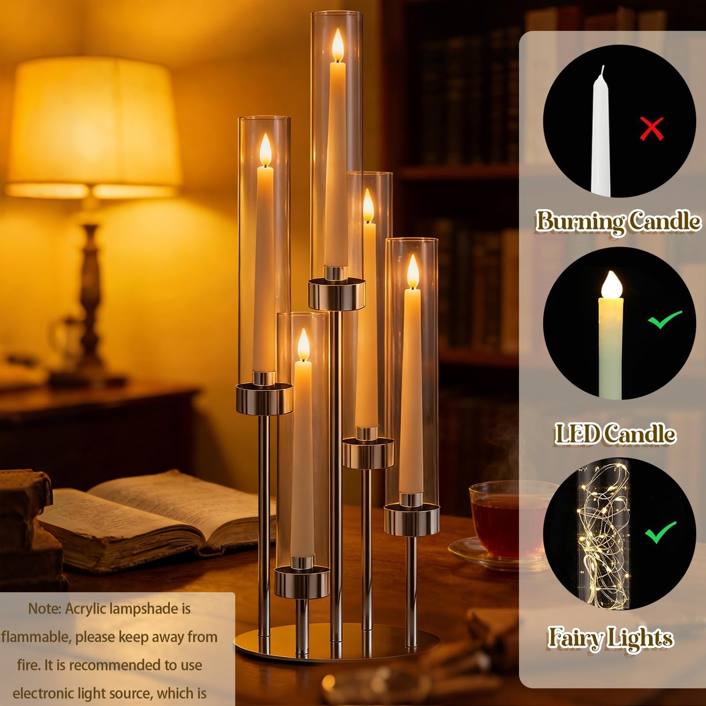 KEHAIL 2 Pcs 5-Arm Silver Metal Table Candelabra Centerpiece, 22" Tall Clear Candlesticks Holder with Shade for Valentines Day Events Party Table Centerpiece,Fit LED Candles