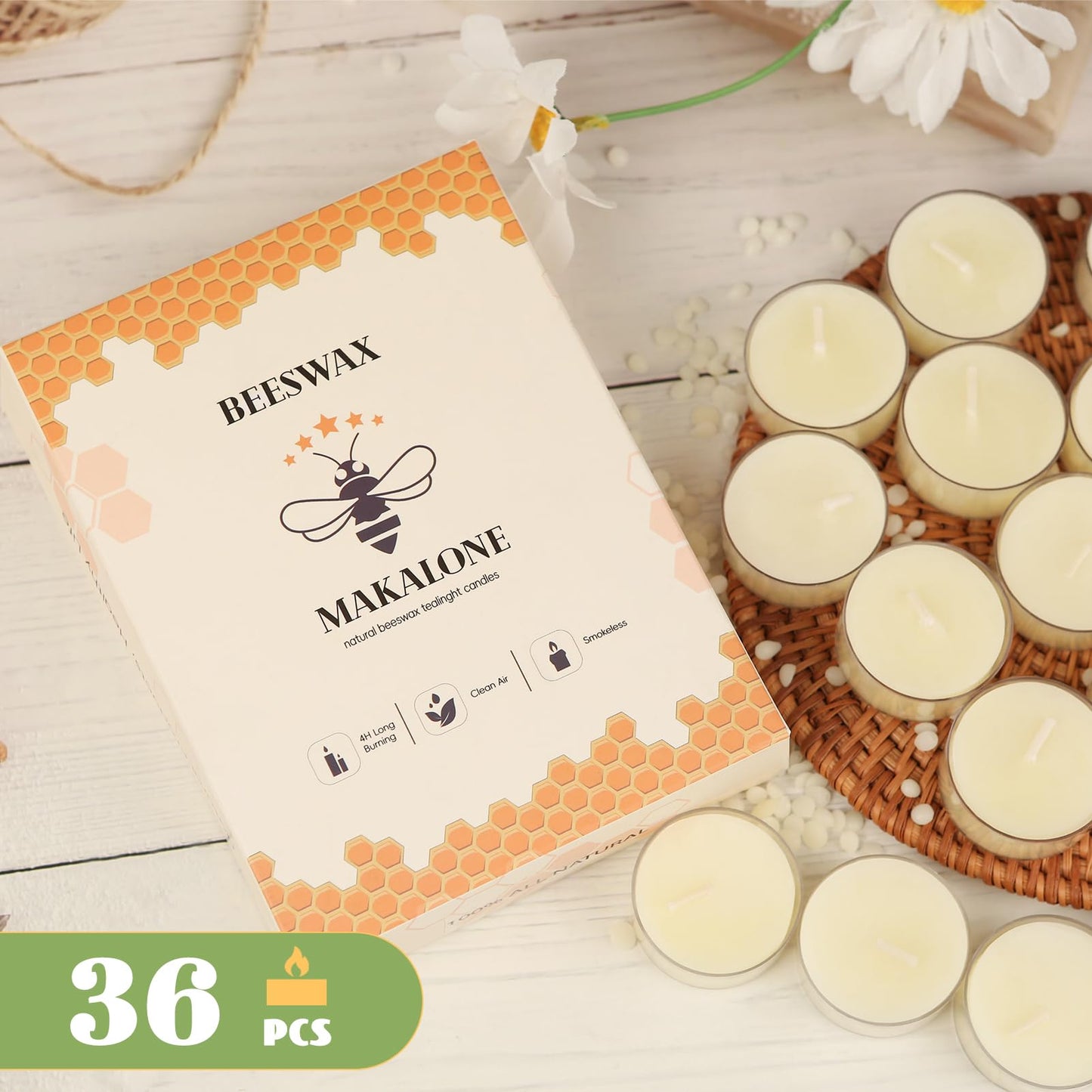 36Pcs White Beeswax Tea Light Candles-4 Hour Burn Time,100% Pure Natural Beeswax-Clean Burning & Air Purifying, Smokeless Bulk Tea Lights for Spa,Meditation,Wedding & Home Decor