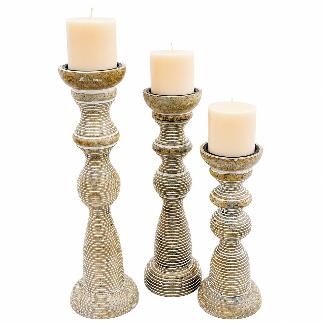 White Washed Hand Carved Wooden Pillar Candle Holders - Set of 3 | Chennai Decorative Style | Crafted from Mango Wood | Rustic Table Centerpiece Decor | Sized 18", 15" and 12"