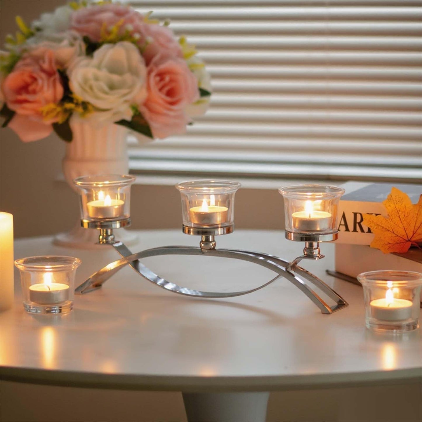3-Arm Metal Tea Light Candle Holder Set with 5 Glass Cups, Votive Candle Holders Centerpiece Candelabra for Wedding Table Decor, Home Gatherings and Holidays (Silver, 5 Cups)