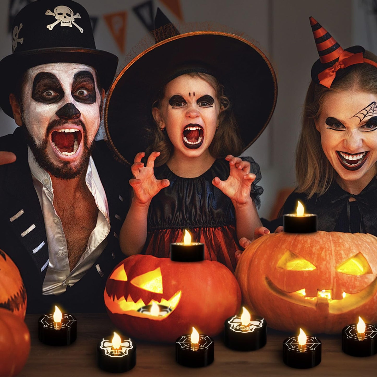 GenSwin Halloween Black Tealights Candles, Battery Operated Tea Lights Candles with Timer, 12 Pack Flameless Candles with 3D Wick, LED Votive Candles with Skull and Spiderweb Prints for Home Decor
