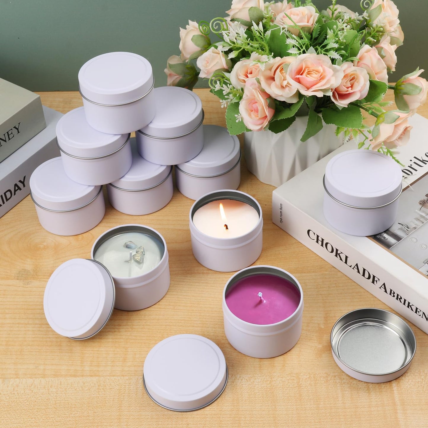 Biugaaufai 48 Pack 4 oz White Metal Candle Tins with Lids, Round, 4 oz Capacity, Cylindrical, DIY Candle Making and Storage