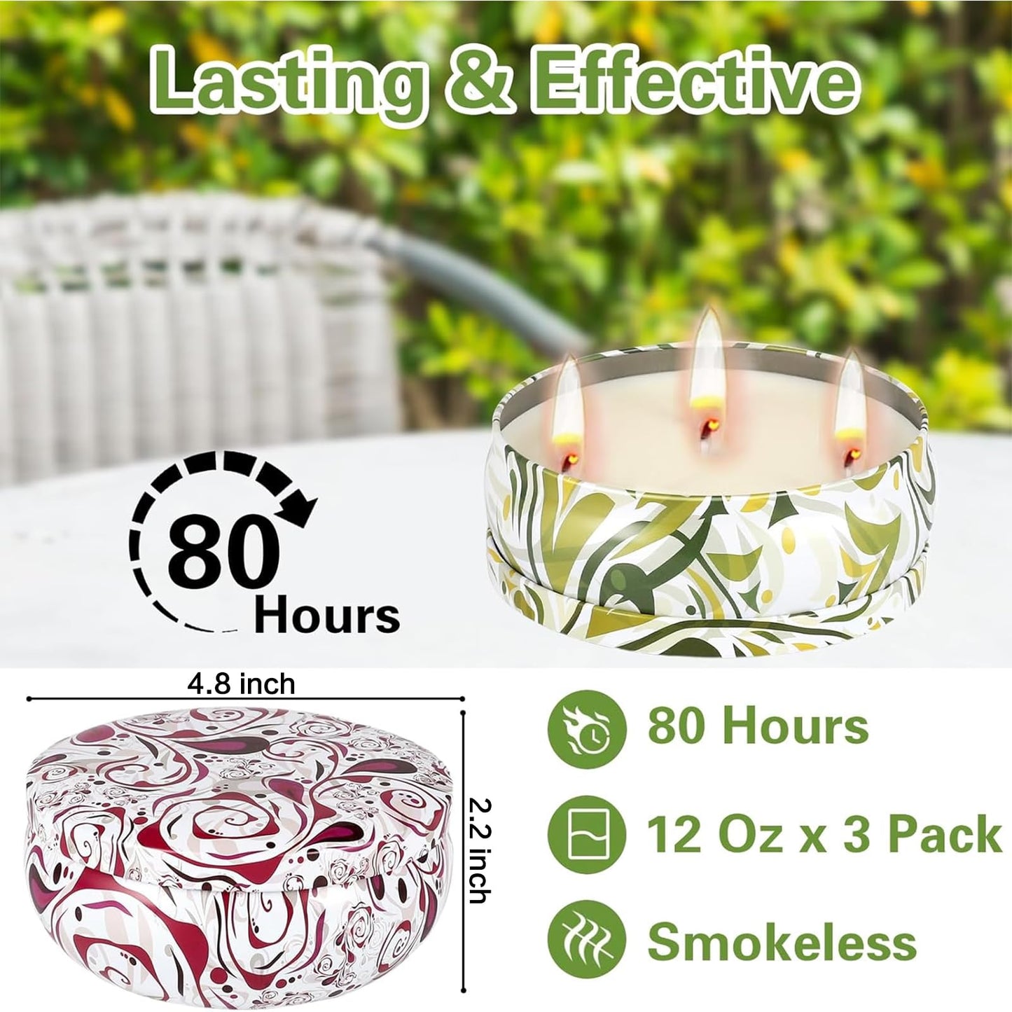 Citronella Candles Outdoor 3 Pack, Large 3-Wick Citronella Candle for Patio, Natural Soy Wax, 240 Hours Long Burn Time for Backyard, Deck, Garden, Camping - 12 oz Each (36 oz Total)