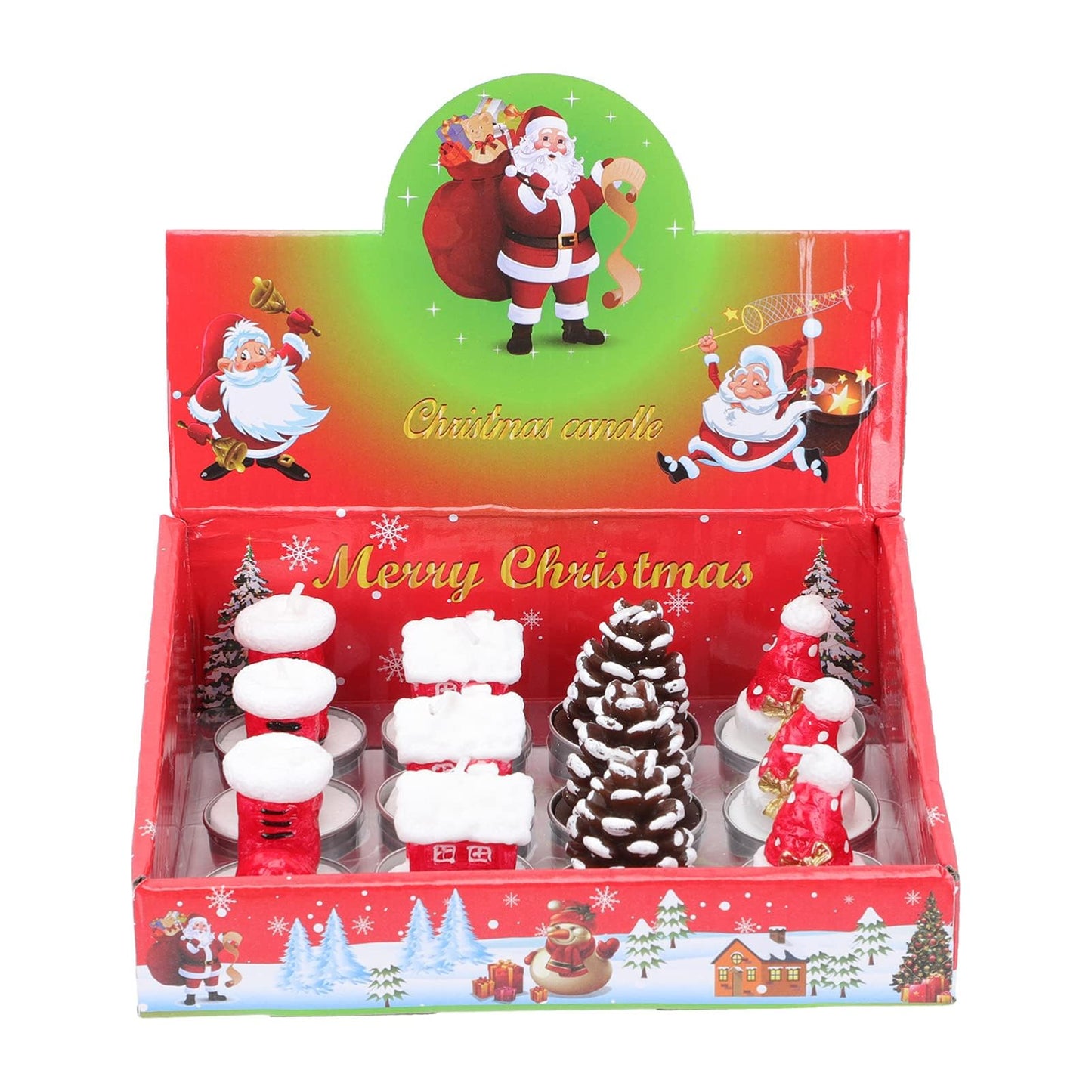 12 Pieces Tealight Candles Handmade Delicate Santa Hat Claus Christmas Tree Candle Wax Snowman Elk Pinecone House Candles for Party Wedding Spa HomeChristmas Decoration